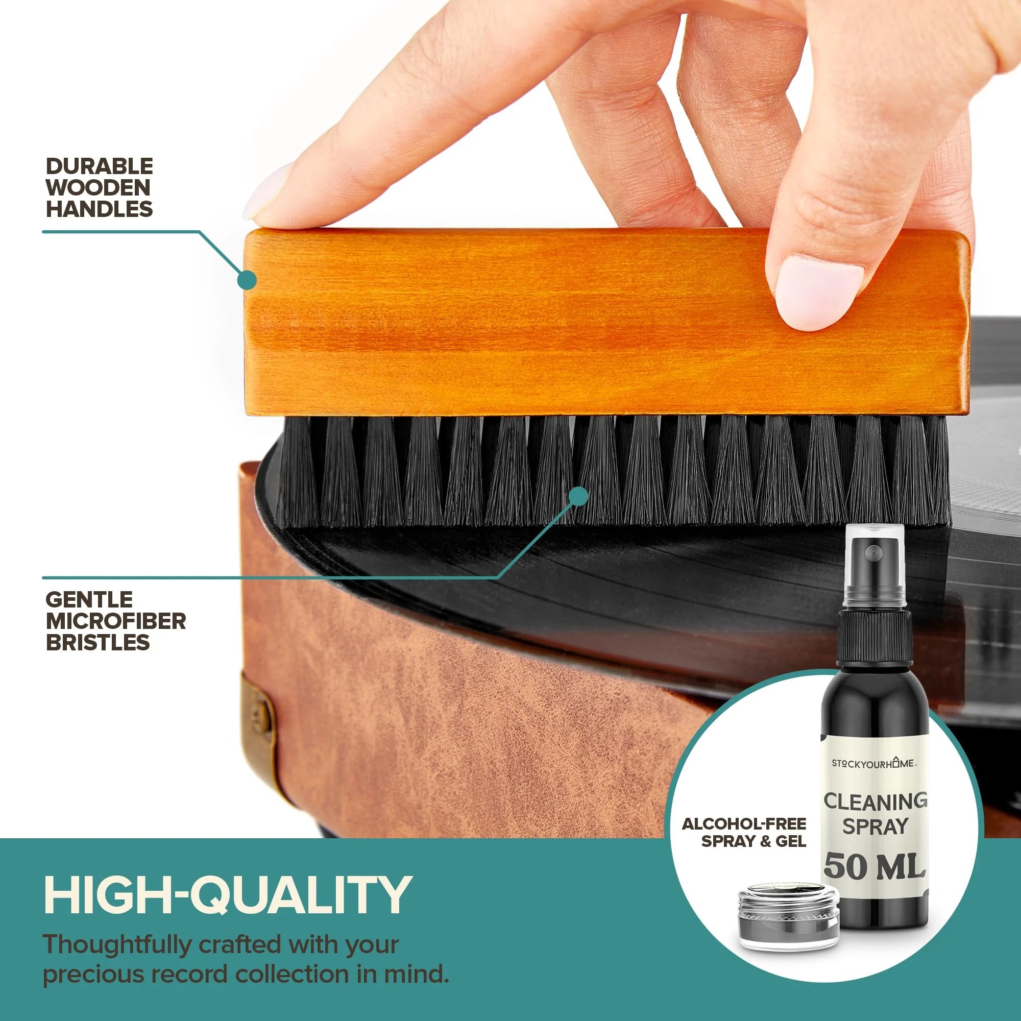 Stock Your Home 6 Piece Vinyl Record Cleaning Kit, Includes Vinyl Cleaner Spray, Anti-Static & Velvet Vinyl Record Brush, Needle Cleaning Gel & Brush, and Drawstring Duster Bag - Image 3