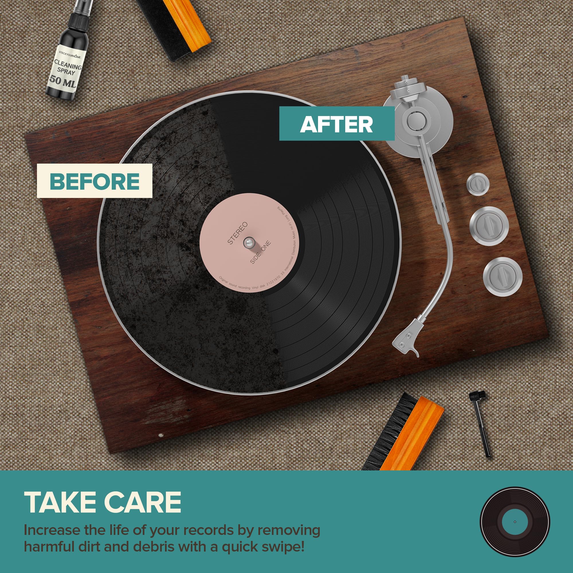 Stock Your Home 6 Piece Vinyl Record Cleaning Kit, Includes Vinyl Cleaner Spray, Anti-Static & Velvet Vinyl Record Brush, Needle Cleaning Gel & Brush, and Drawstring Duster Bag - Image 4