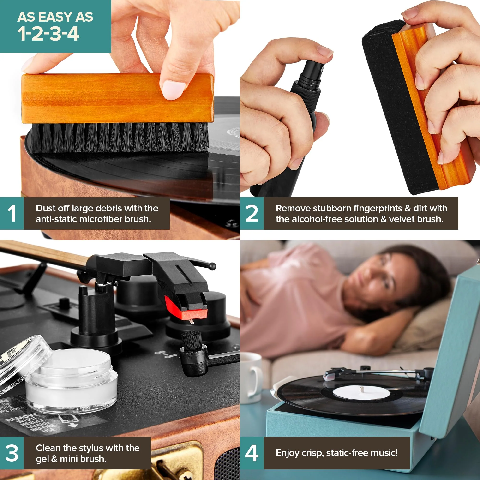 Stock Your Home 6 Piece Vinyl Record Cleaning Kit, Includes Vinyl Cleaner Spray, Anti-Static & Velvet Vinyl Record Brush, Needle Cleaning Gel & Brush, and Drawstring Duster Bag - Image 5