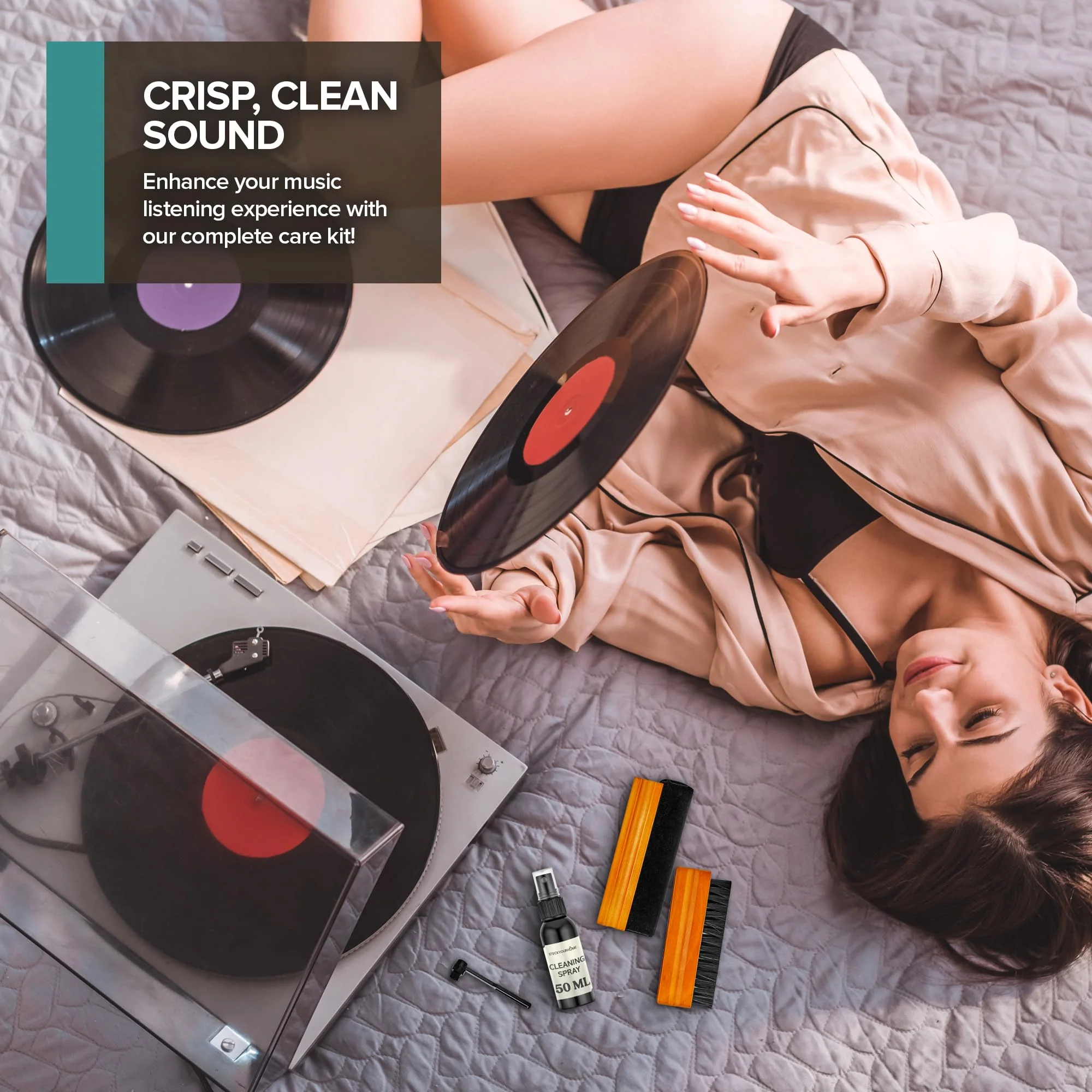 Stock Your Home 6 Piece Vinyl Record Cleaning Kit, Includes Vinyl Cleaner Spray, Anti-Static & Velvet Vinyl Record Brush, Needle Cleaning Gel & Brush, and Drawstring Duster Bag - Image 7