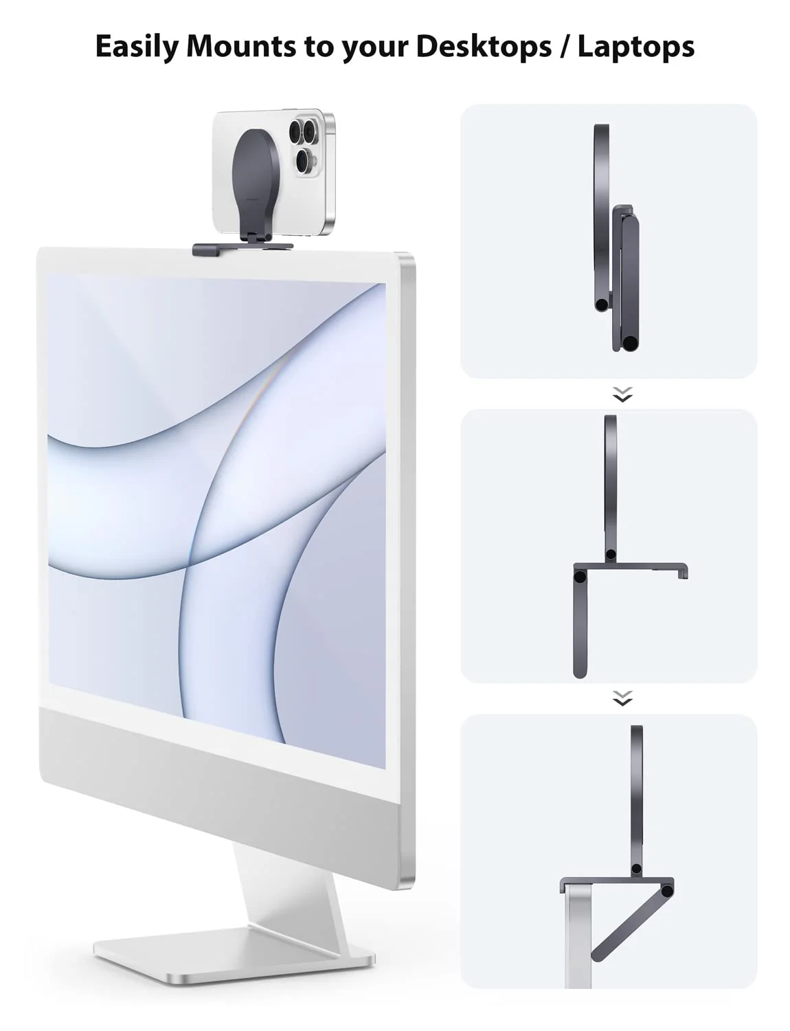 Stouchi Continuity Camera Mount for Desktop Monitor, iMac Compatible iPhone Webcam Mount with Mag-Safe for Mac Desktops and Displays, Apple TV 4K iMac/Monitor Grey - Image 3