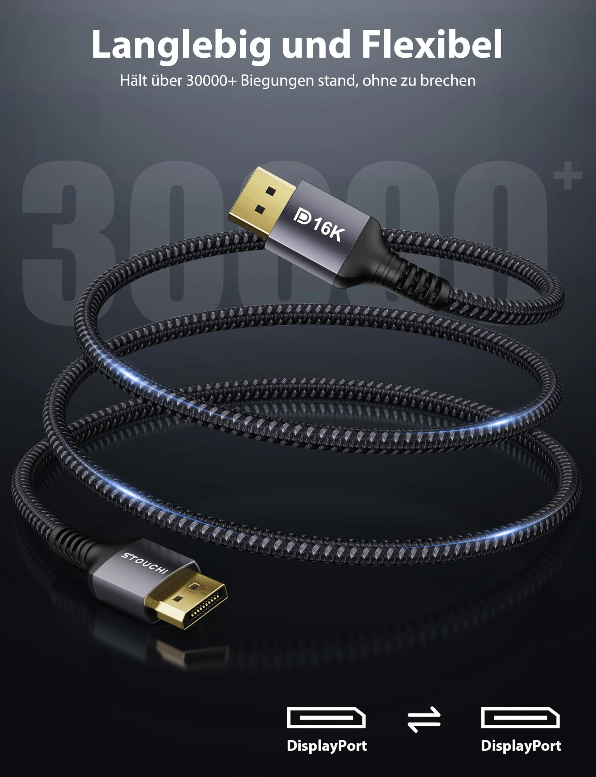 Stouchi DisplayPort Cable 2.1 2M/6.6Ft DP2.1/2.0 Cable [16K @ 60Hz, 10K @ 60Hz, 8K@120Hz, 4K@240Hz 165Hz 144Hz] Supports 80Gbps HDR DSC1.2a FreeSync G-Sync Display Port 2.1 Cable for Gaming Monitor 2-2 m 1 Pack Gray-16K - Image 6