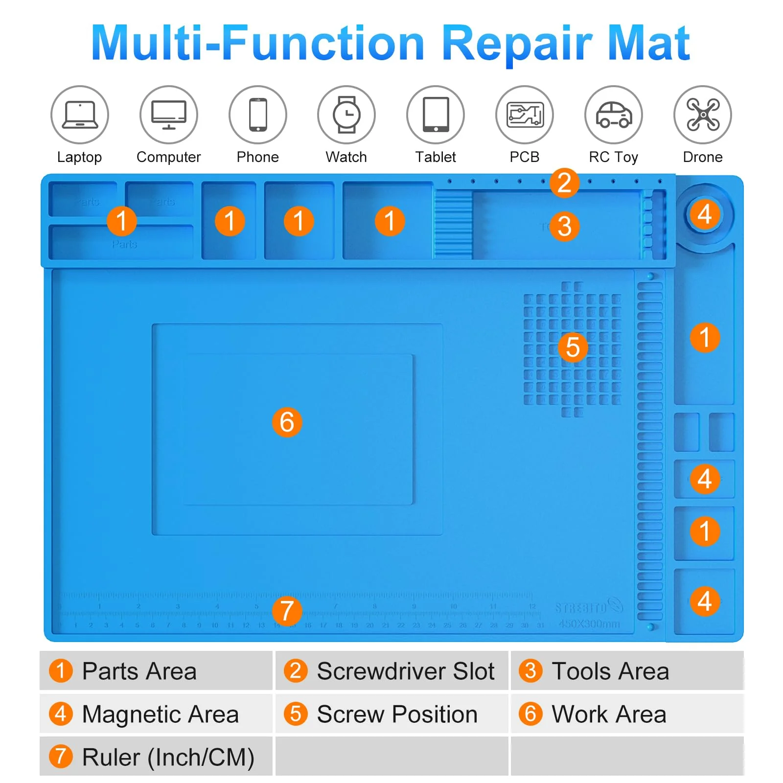 STREBITO Silicone Soldering Mat Electronics Mat, Solder Pad Heat Resistant 932°F, Magnetic Work Mat Silicone Repair Mat for Soldering, Computer, Laptop, Cell Phone, RC, Watch, Gun, Size 17.7" x 11.8" S-450 - Image 2