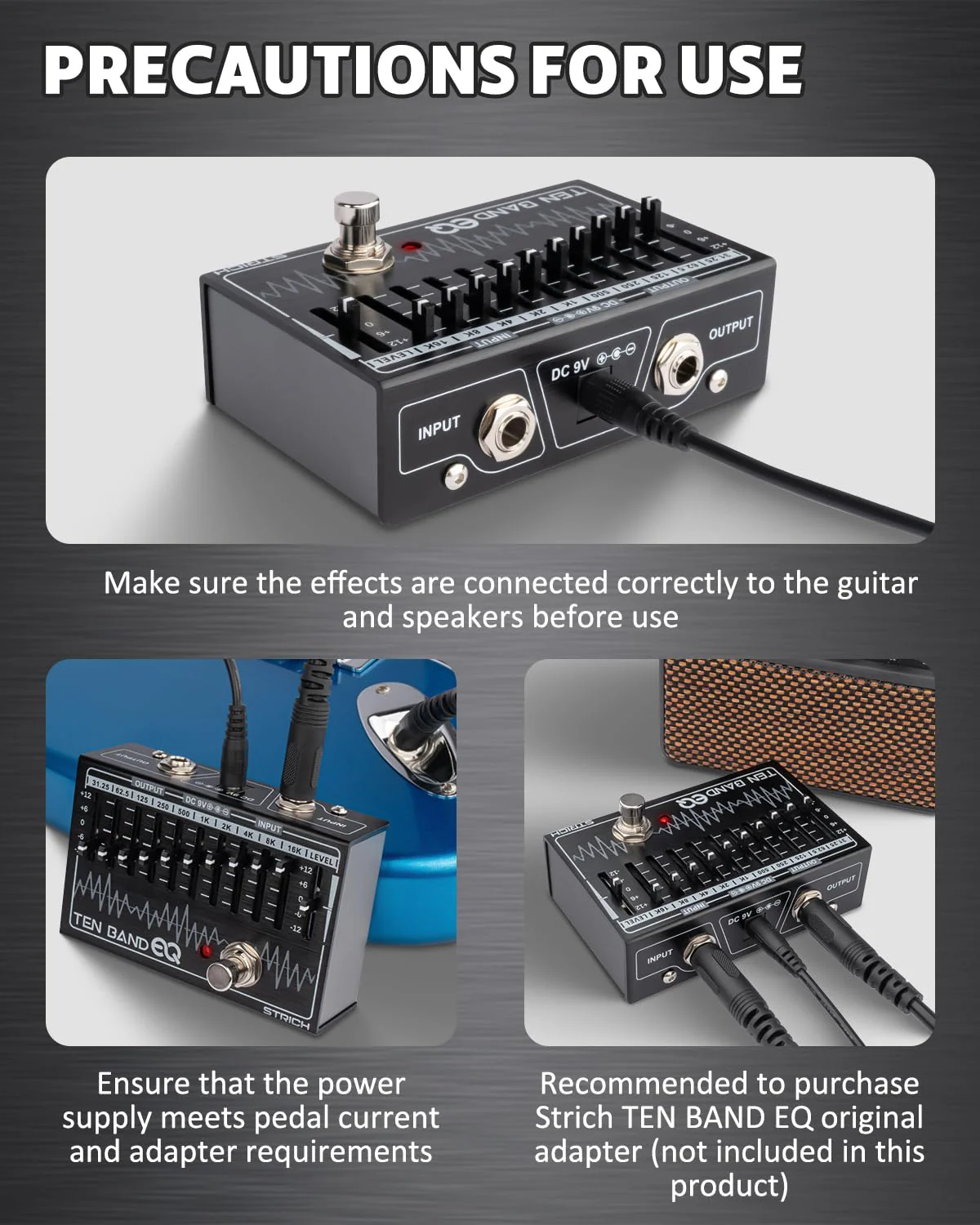 STRICH EQ Pedal for Electric Guitar,10-Band Equalizer Effects Pedal, Equalizer for Guitar and Bass, 10 Frequency Bands (31.25Hz–16kHz) with ±12dB Gain/Attenuation for Each Band, TEN BAND EQ - Image 5