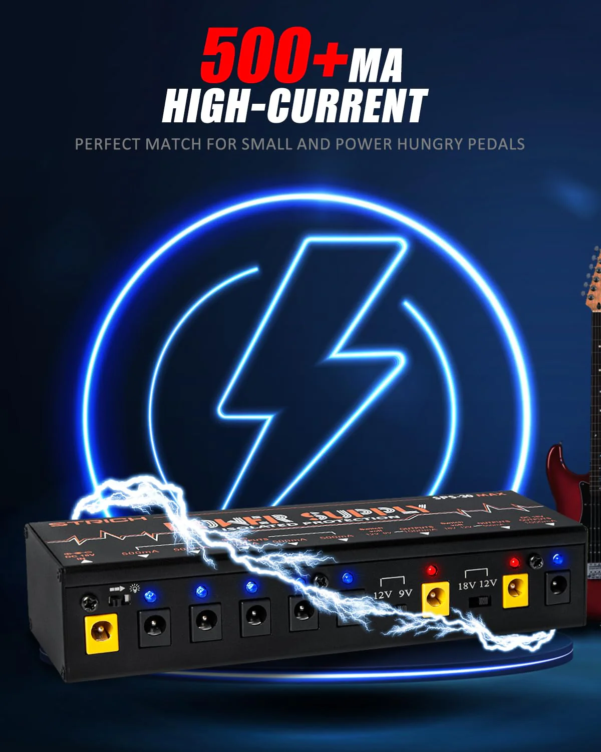 STRICH Guitar Pedal High Power Supply, Pedalboard Power Supply with 8 Totally True Isolated DC 9V/12V/18V Outputs(500mA/1000mA), Power Supply for Power-hungry Effect Pedal, Noiselessly, SPS-30 MAX - Image 2