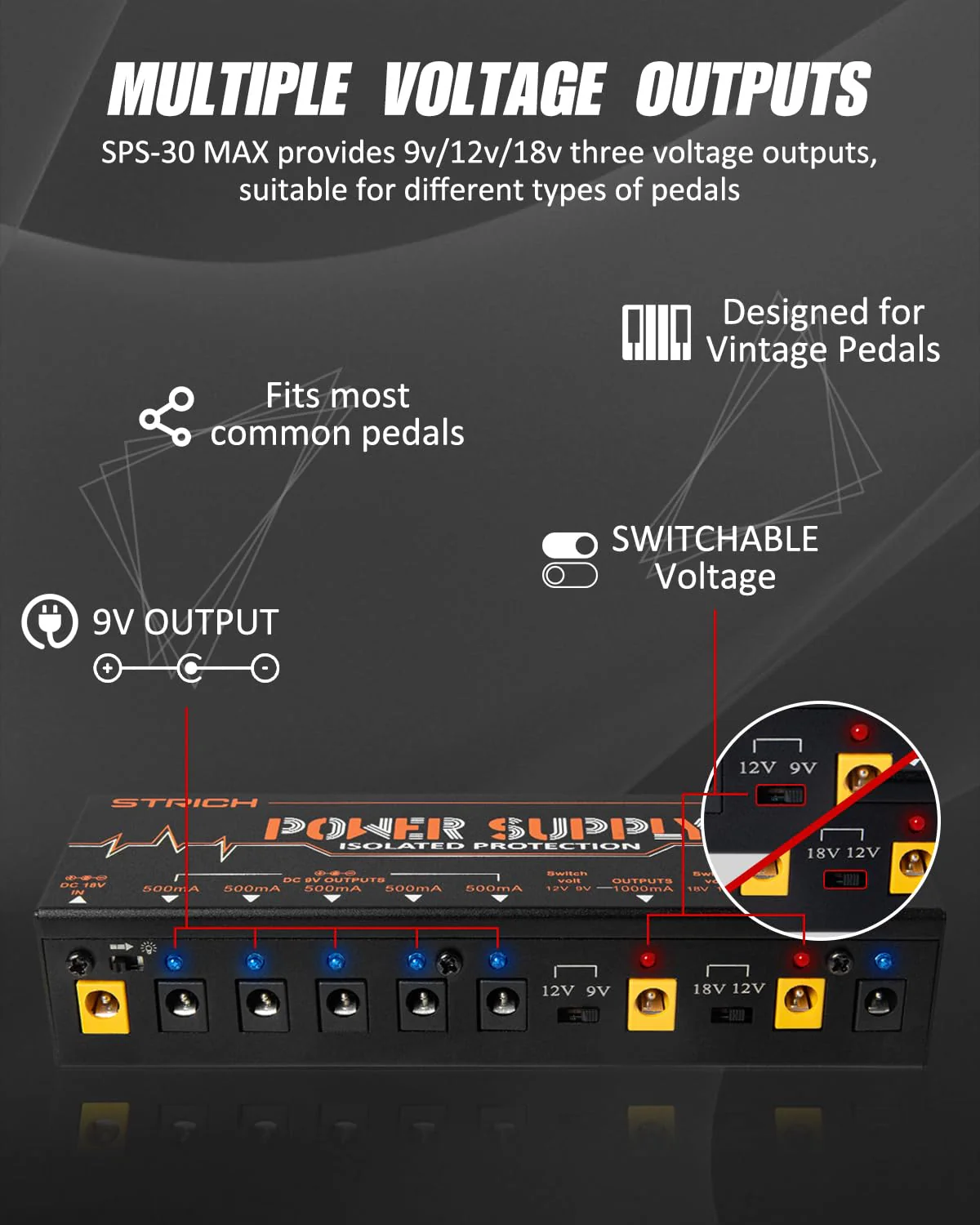 STRICH Guitar Pedal High Power Supply, Pedalboard Power Supply with 8 Totally True Isolated DC 9V/12V/18V Outputs(500mA/1000mA), Power Supply for Power-hungry Effect Pedal, Noiselessly, SPS-30 MAX - Image 4