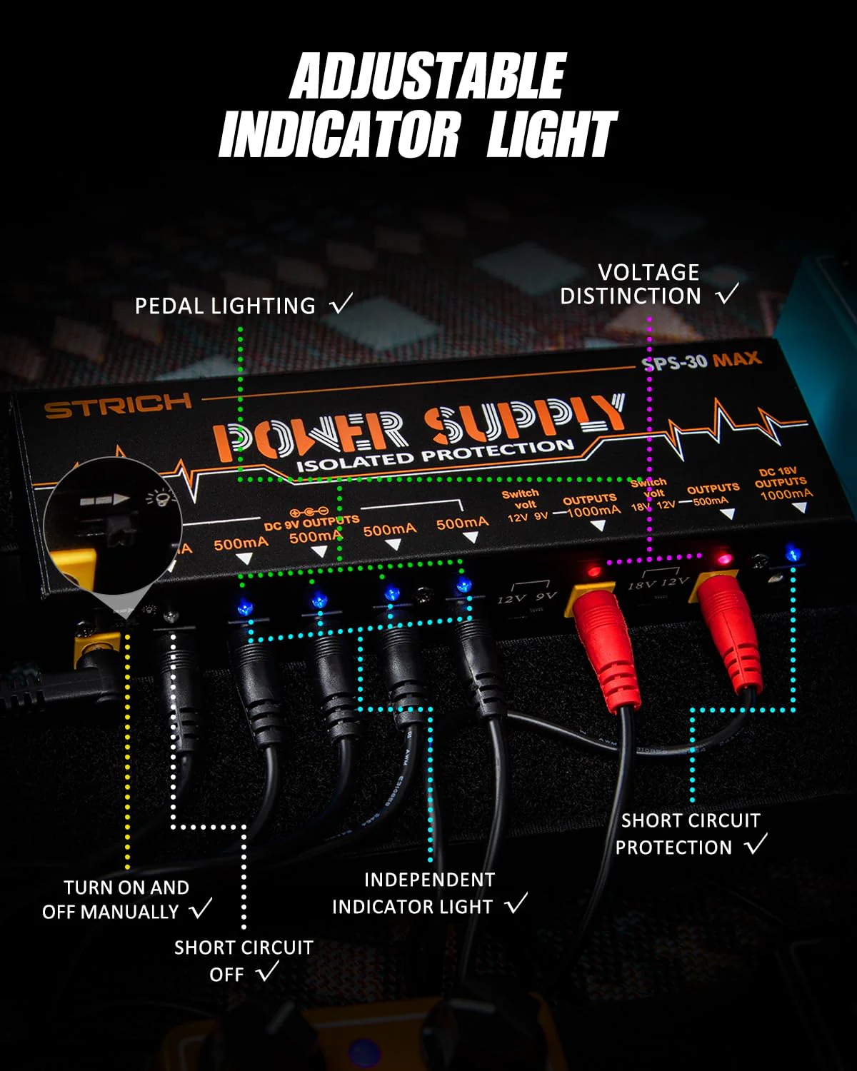STRICH Guitar Pedal High Power Supply, Pedalboard Power Supply with 8 Totally True Isolated DC 9V/12V/18V Outputs(500mA/1000mA), Power Supply for Power-hungry Effect Pedal, Noiselessly, SPS-30 MAX - Image 6