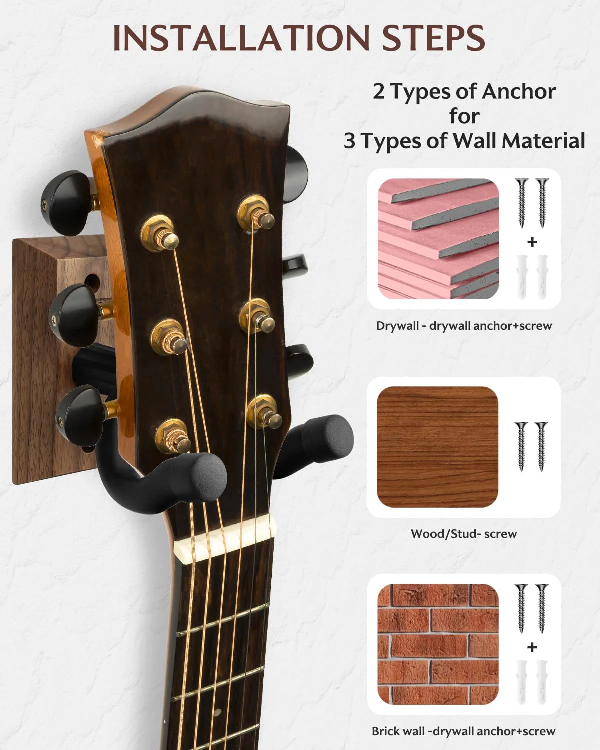 STRICH Guitar Wall Mount,Walnut Base Guitar Hanger,U-Shaped Hanger Mount with Screws, Guitar Holder Hook Stand Wall for Acoustic, Electric Guitar, Banjo, Bass(3-Pack) - Image 4