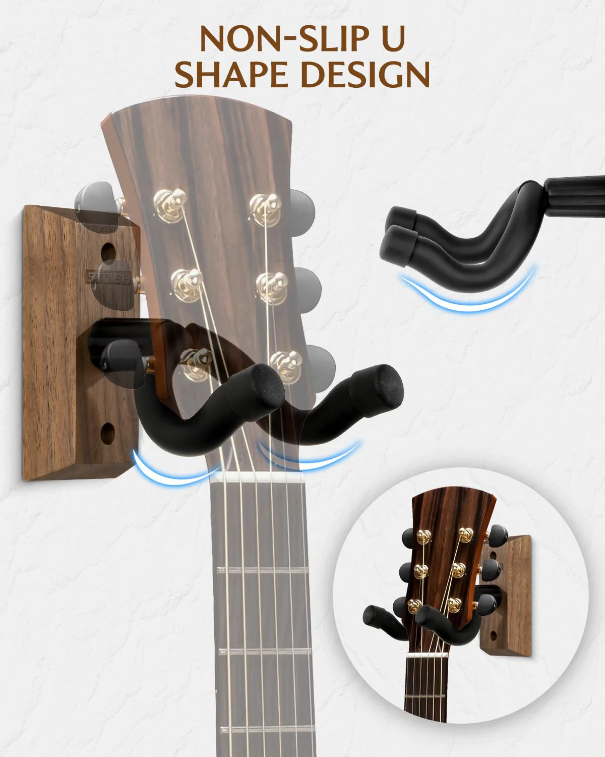 STRICH Guitar Wall Mount,Walnut Base Guitar Hanger,U-Shaped Hanger Mount with Screws, Guitar Holder Hook Stand Wall for Acoustic, Electric Guitar, Banjo, Bass(3-Pack) - Image 5