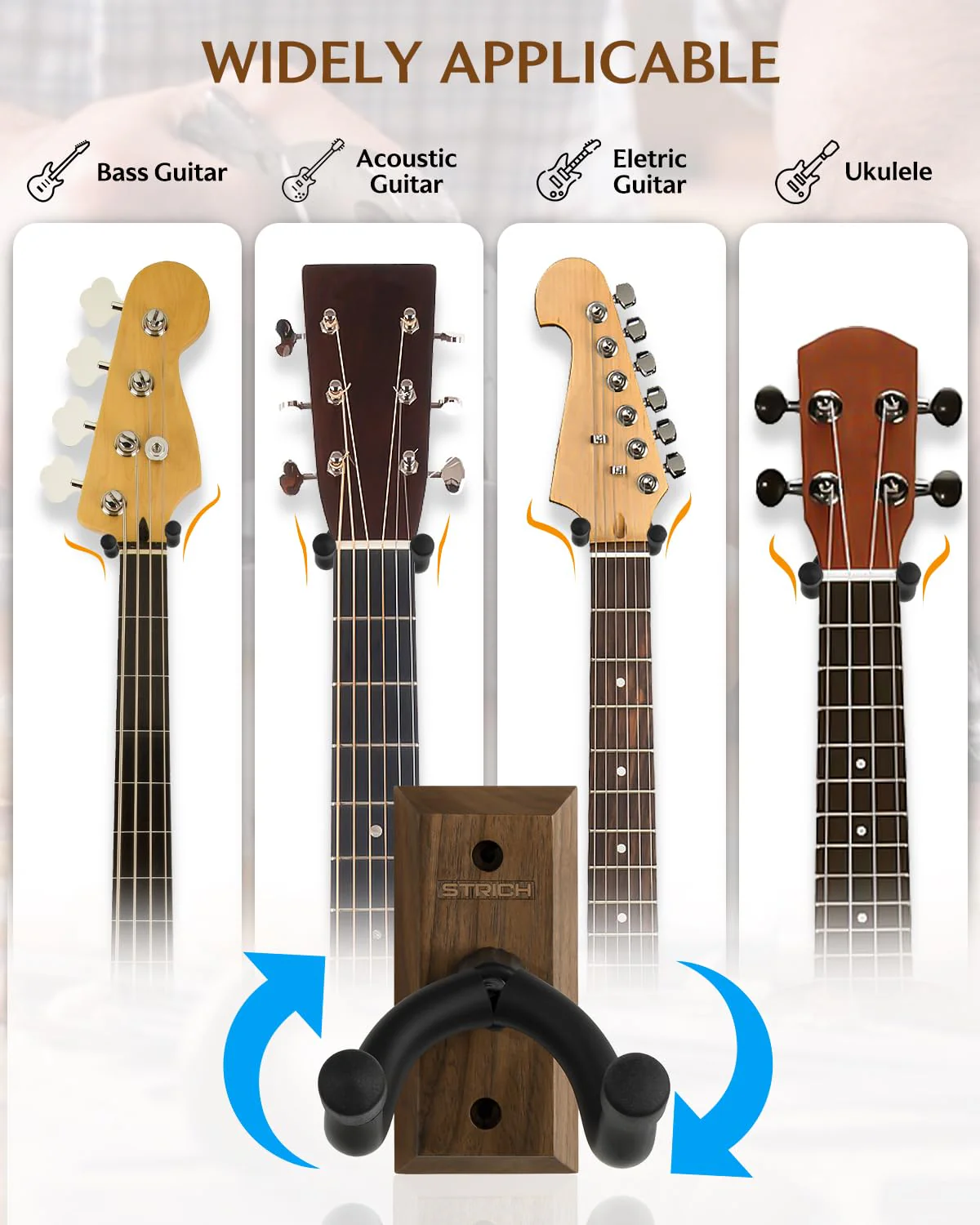 STRICH Guitar Wall Mount,Walnut Base Guitar Hanger,U-Shaped Hanger Mount with Screws, Guitar Holder Hook Stand Wall for Acoustic, Electric Guitar, Banjo, Bass(3-Pack) - Image 6