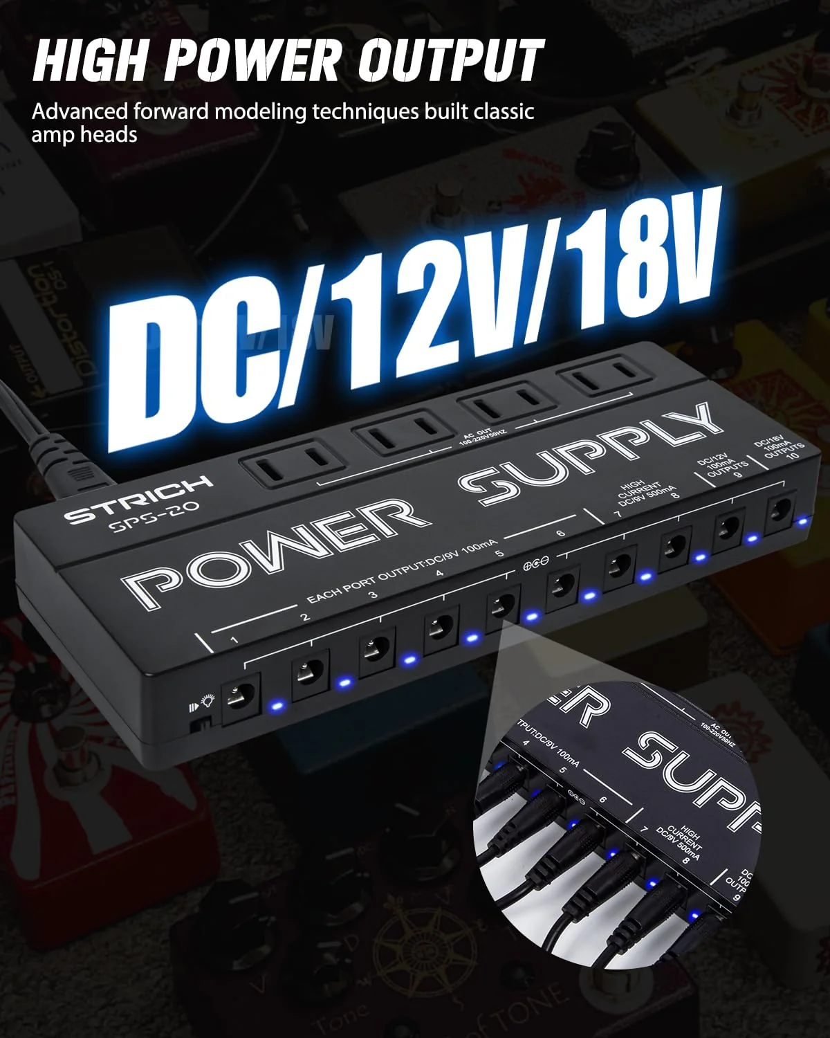 STRICH SPS-20 Guitar Power Supply 10 Isolated DC Output for 9V/12V/18V Effect Pedal - Image 2