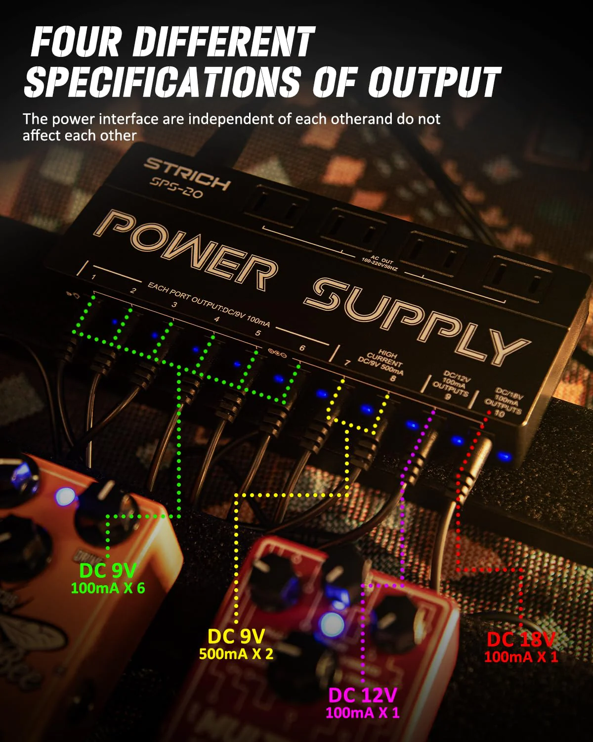 STRICH SPS-20 Guitar Power Supply 10 Isolated DC Output for 9V/12V/18V Effect Pedal - Image 5