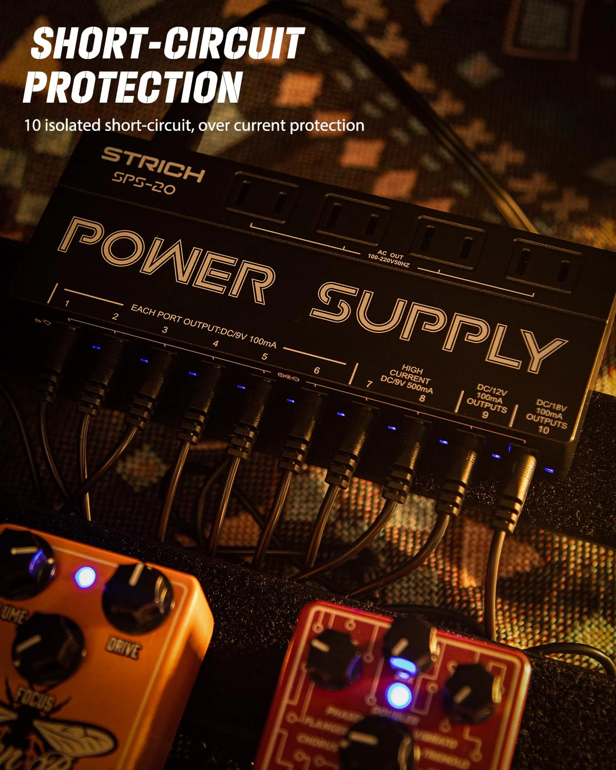STRICH SPS-20 Guitar Power Supply 10 Isolated DC Output for 9V/12V/18V Effect Pedal - Image 6