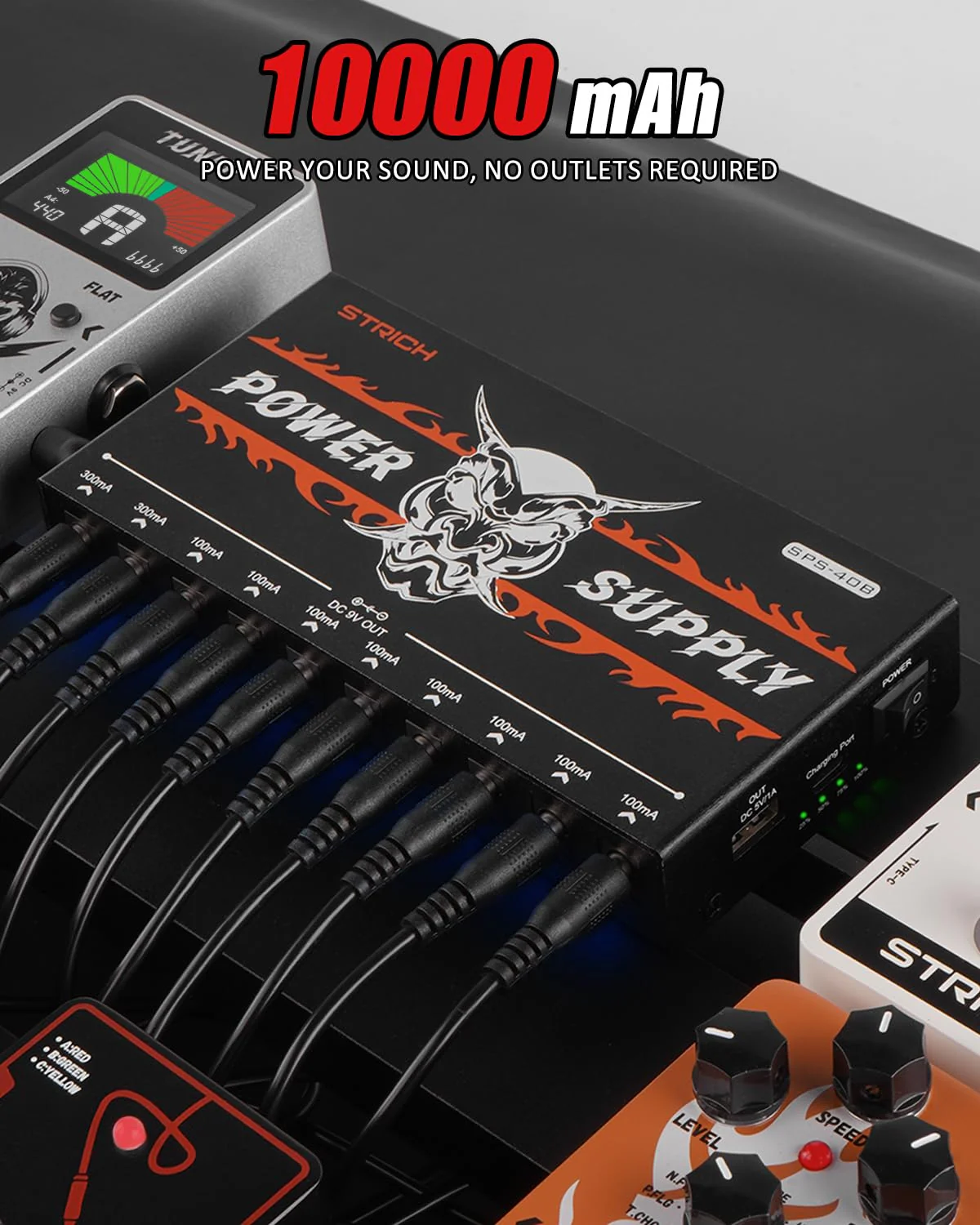 STRICH SPS-40B Pedal Power Supply with Built-in 10000mAh 10 Outputs DC 9V (2x300mA, 8x100mA) Jacks for Guitar Bass Pedals, Rechargeable Battery Guitar Effect Pedal Power, 5V/1A USB Port, Noiselessly - Image 2