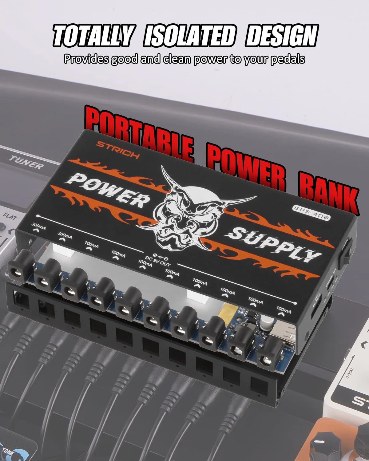 STRICH SPS-40B Pedal Power Supply with Built-in 10000mAh 10 Outputs DC 9V (2x300mA, 8x100mA) Jacks for Guitar Bass Pedals, Rechargeable Battery Guitar Effect Pedal Power, 5V/1A USB Port, Noiselessly - Image 3