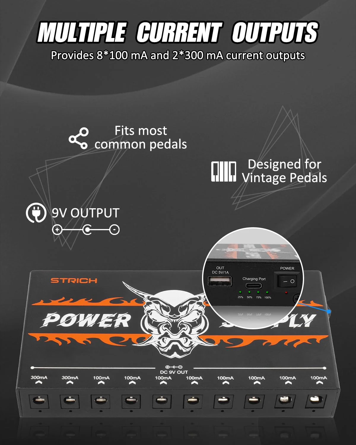 STRICH SPS-40B Pedal Power Supply with Built-in 10000mAh 10 Outputs DC 9V (2x300mA, 8x100mA) Jacks for Guitar Bass Pedals, Rechargeable Battery Guitar Effect Pedal Power, 5V/1A USB Port, Noiselessly - Image 4
