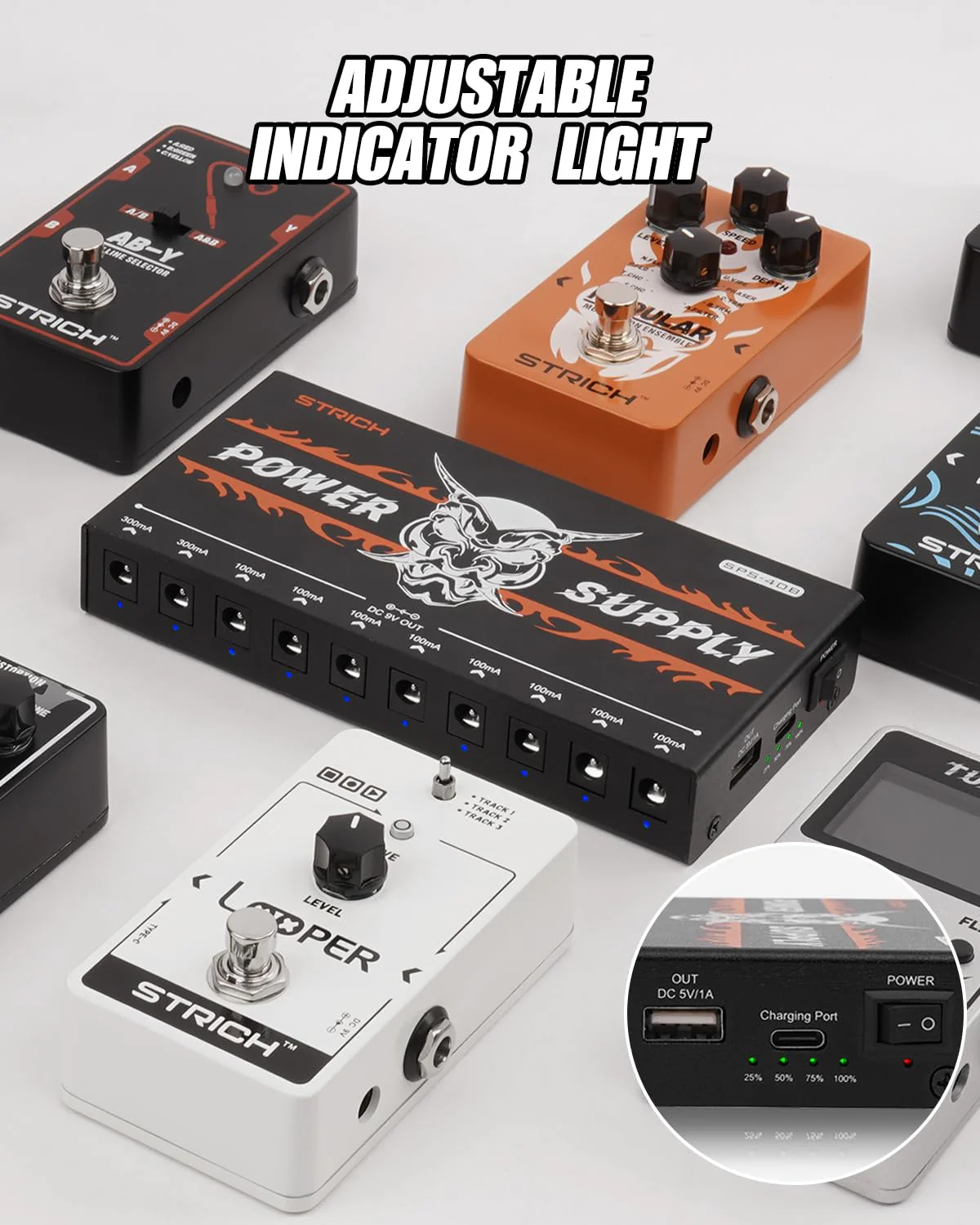 STRICH SPS-40B Pedal Power Supply with Built-in 10000mAh 10 Outputs DC 9V (2x300mA, 8x100mA) Jacks for Guitar Bass Pedals, Rechargeable Battery Guitar Effect Pedal Power, 5V/1A USB Port, Noiselessly - Image 6