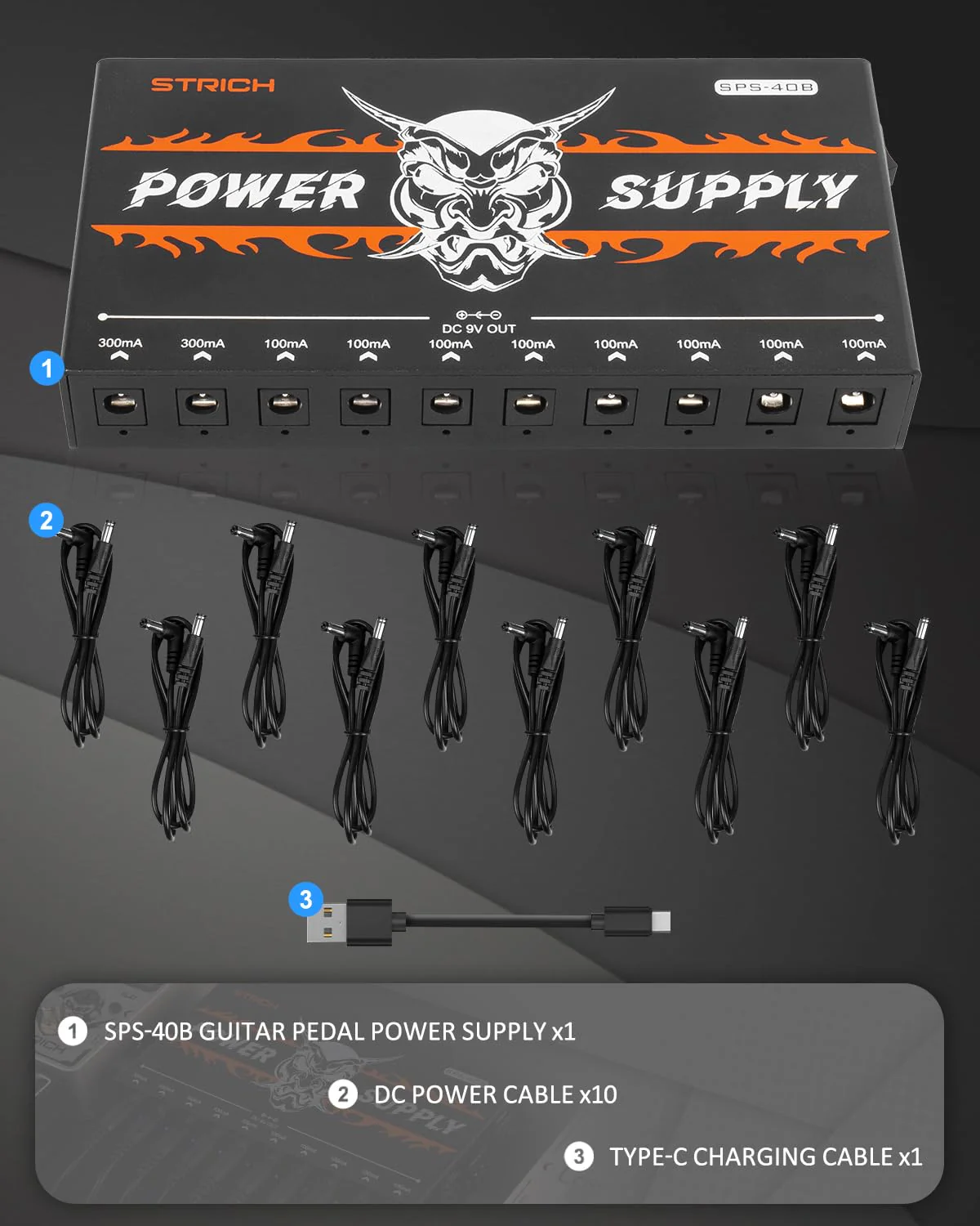 STRICH SPS-40B Pedal Power Supply with Built-in 10000mAh 10 Outputs DC 9V (2x300mA, 8x100mA) Jacks for Guitar Bass Pedals, Rechargeable Battery Guitar Effect Pedal Power, 5V/1A USB Port, Noiselessly - Image 7