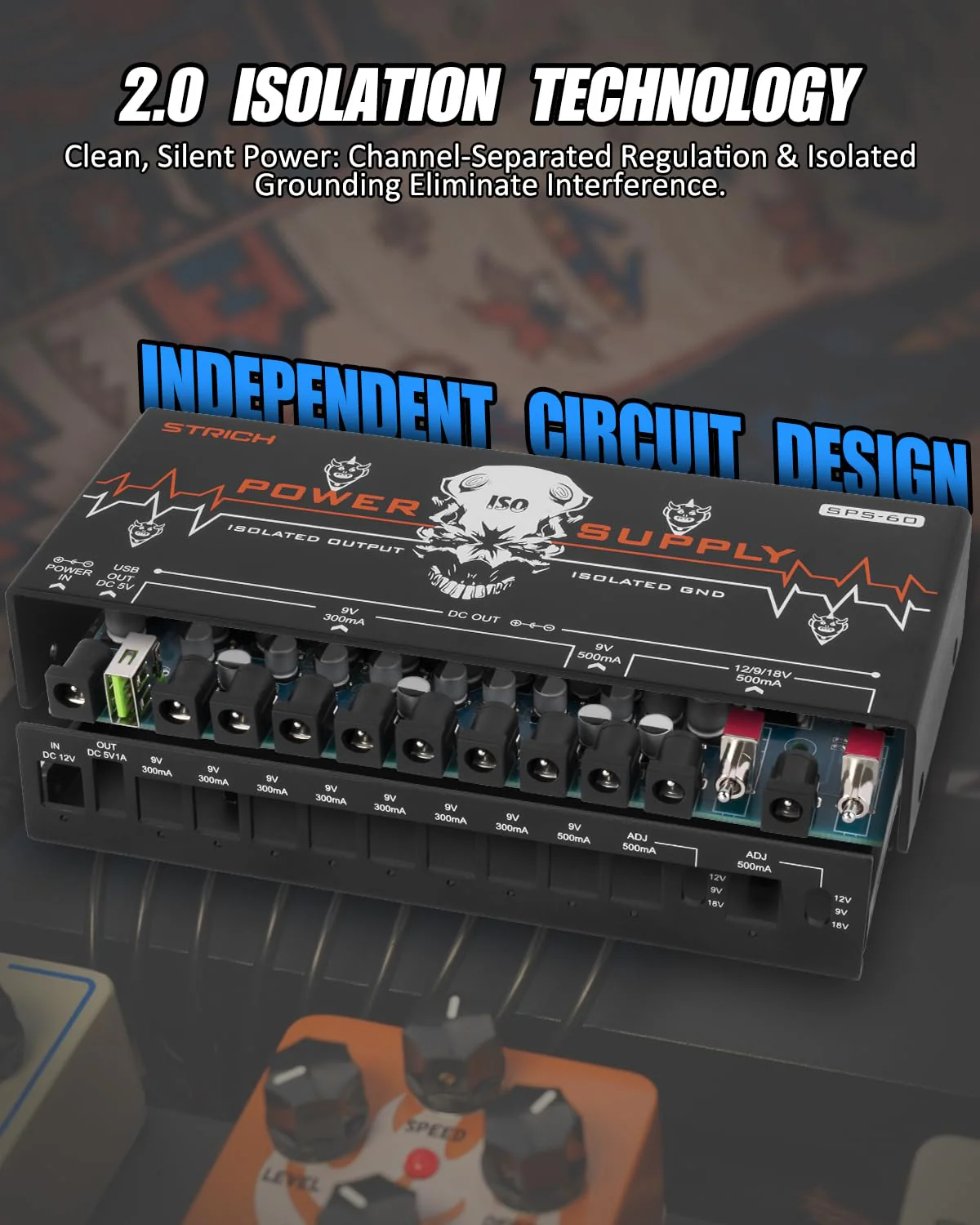 STRICH SPS-60 Guitar Pedal Power Supply, 10 Totally Independent DC Outputs Pedal Board Power Supply for 9V/12V/18V (300mA/500mA) High Power for Power High-current Effect Pedal, Noiselessly - Image 2