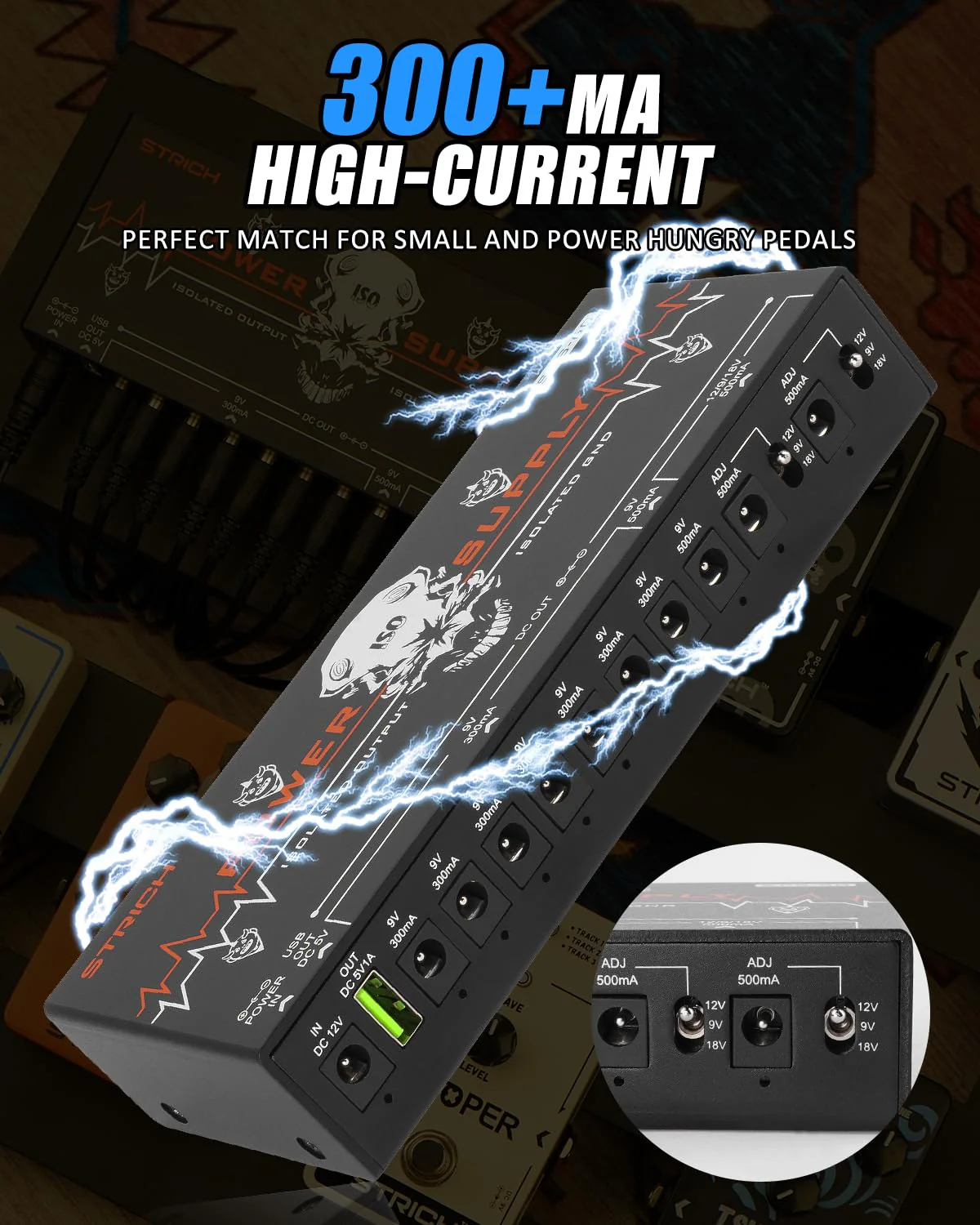 STRICH SPS-60 Guitar Pedal Power Supply, 10 Totally Independent DC Outputs Pedal Board Power Supply for 9V/12V/18V (300mA/500mA) High Power for Power High-current Effect Pedal, Noiselessly - Image 3