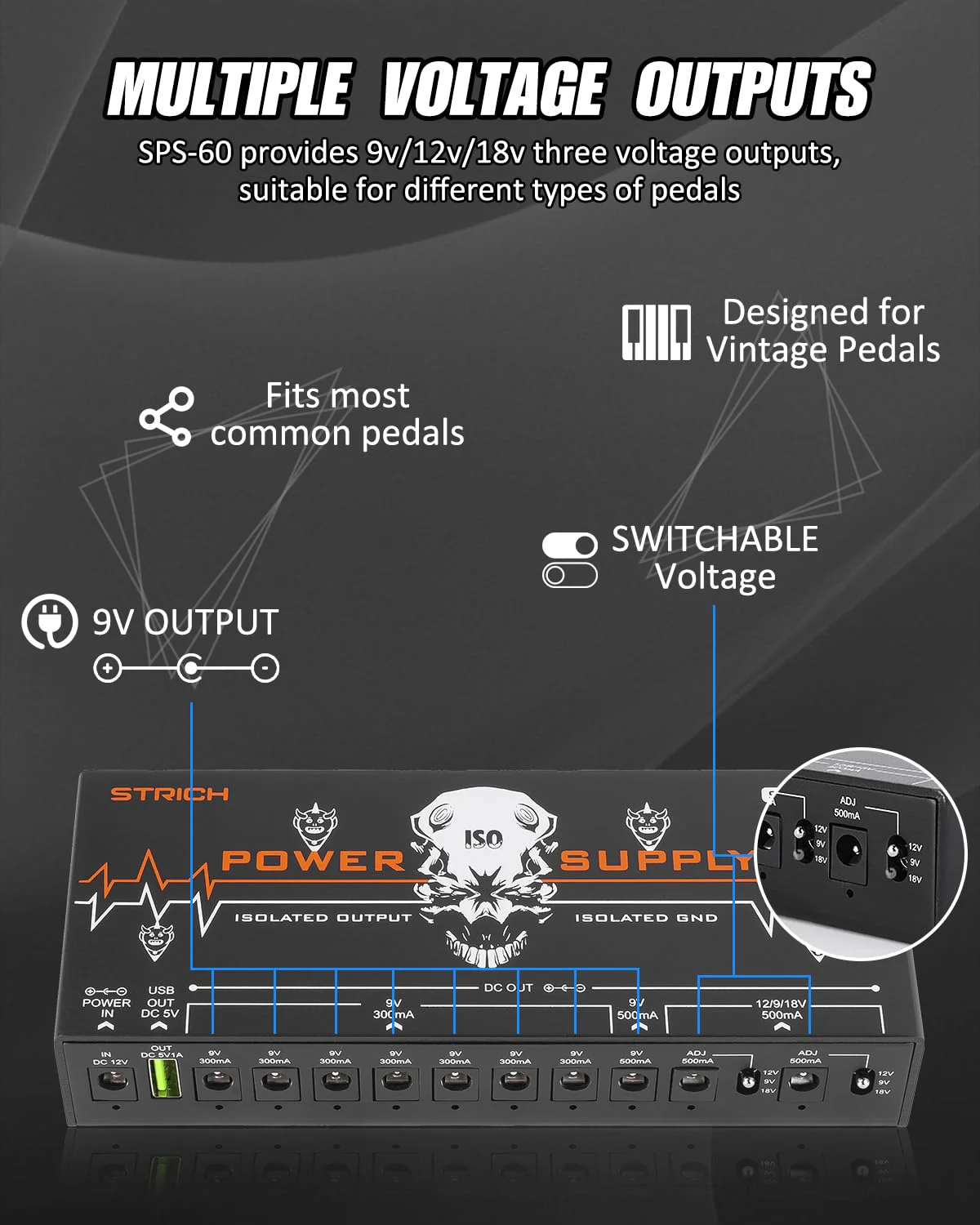 STRICH SPS-60 Guitar Pedal Power Supply, 10 Totally Independent DC Outputs Pedal Board Power Supply for 9V/12V/18V (300mA/500mA) High Power for Power High-current Effect Pedal, Noiselessly - Image 4