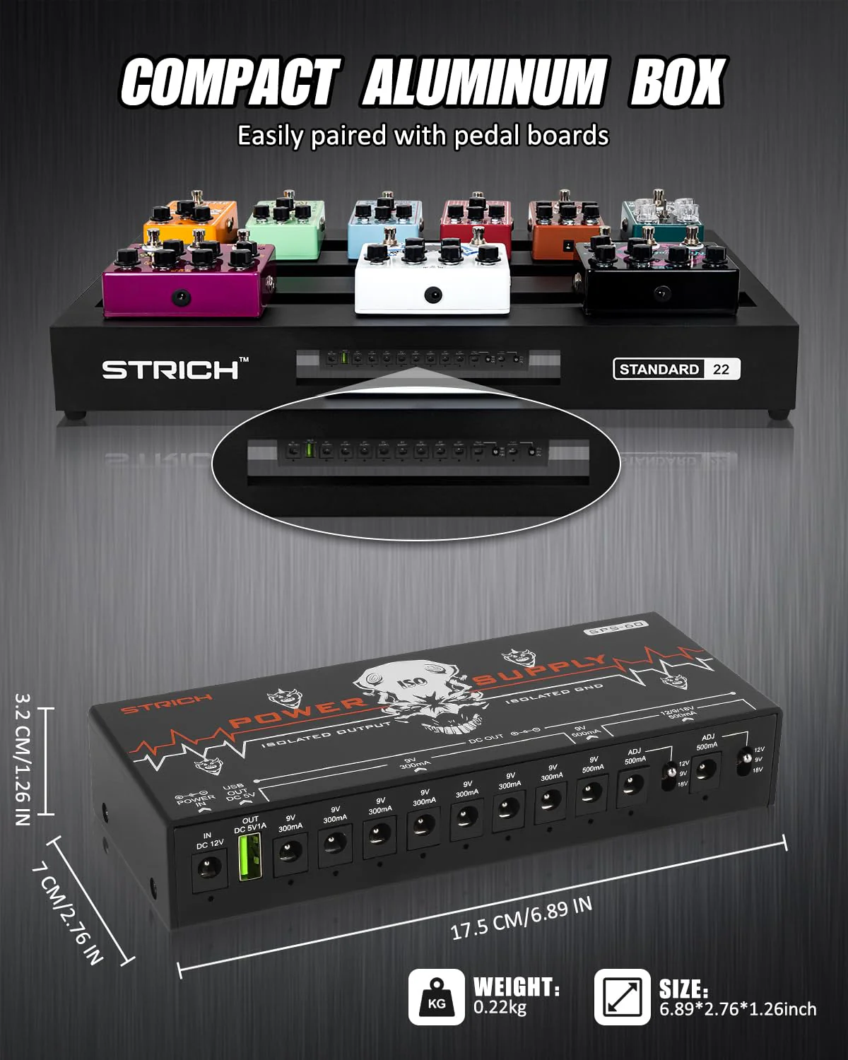 STRICH SPS-60 Guitar Pedal Power Supply, 10 Totally Independent DC Outputs Pedal Board Power Supply for 9V/12V/18V (300mA/500mA) High Power for Power High-current Effect Pedal, Noiselessly - Image 5