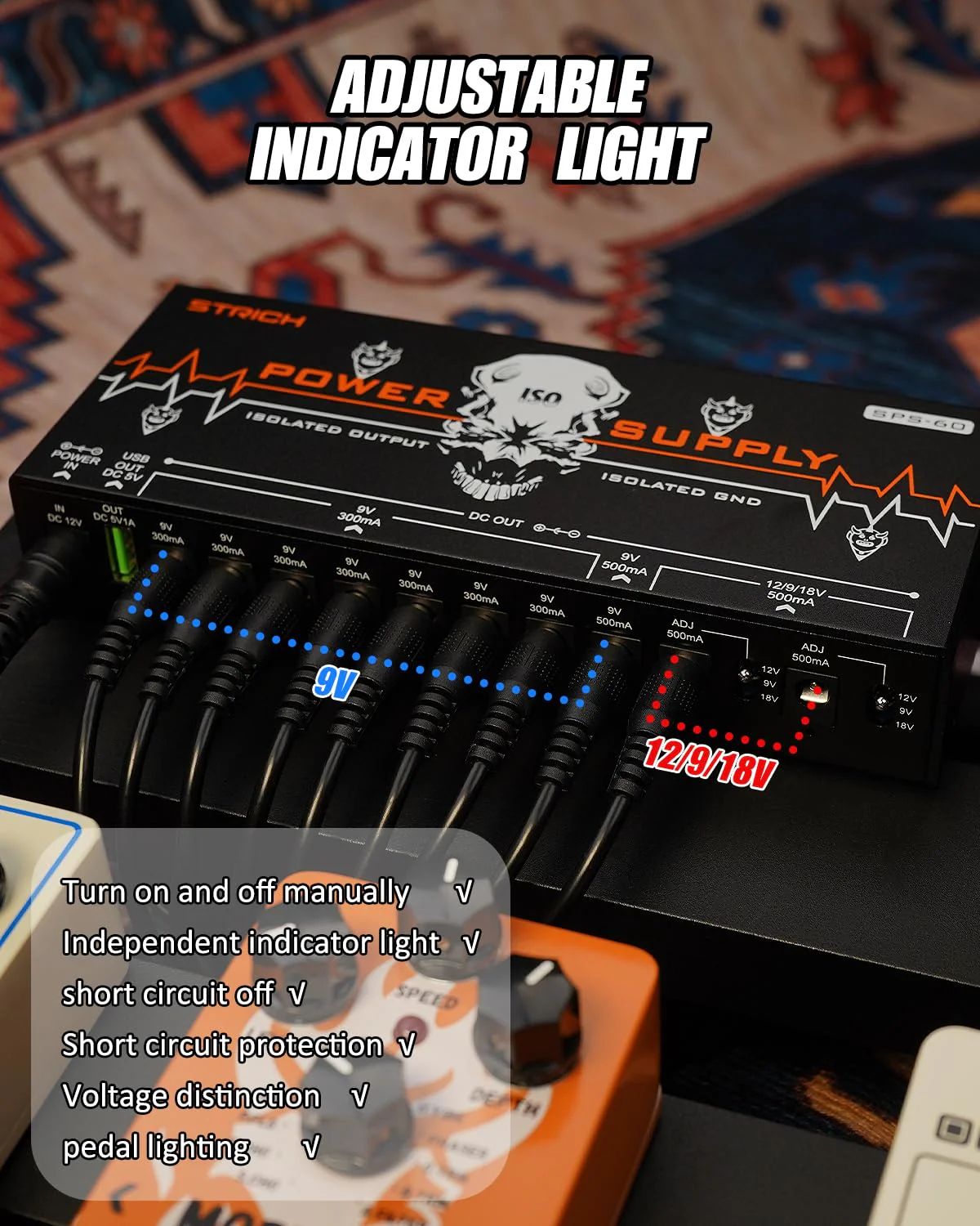 STRICH SPS-60 Guitar Pedal Power Supply, 10 Totally Independent DC Outputs Pedal Board Power Supply for 9V/12V/18V (300mA/500mA) High Power for Power High-current Effect Pedal, Noiselessly - Image 6