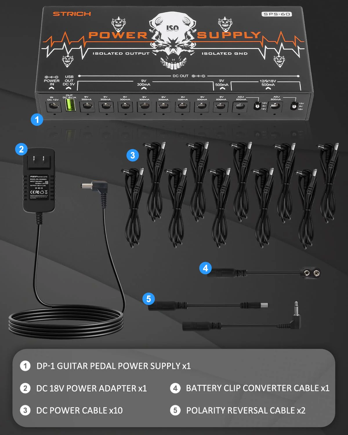 STRICH SPS-60 Guitar Pedal Power Supply, 10 Totally Independent DC Outputs Pedal Board Power Supply for 9V/12V/18V (300mA/500mA) High Power for Power High-current Effect Pedal, Noiselessly - Image 7