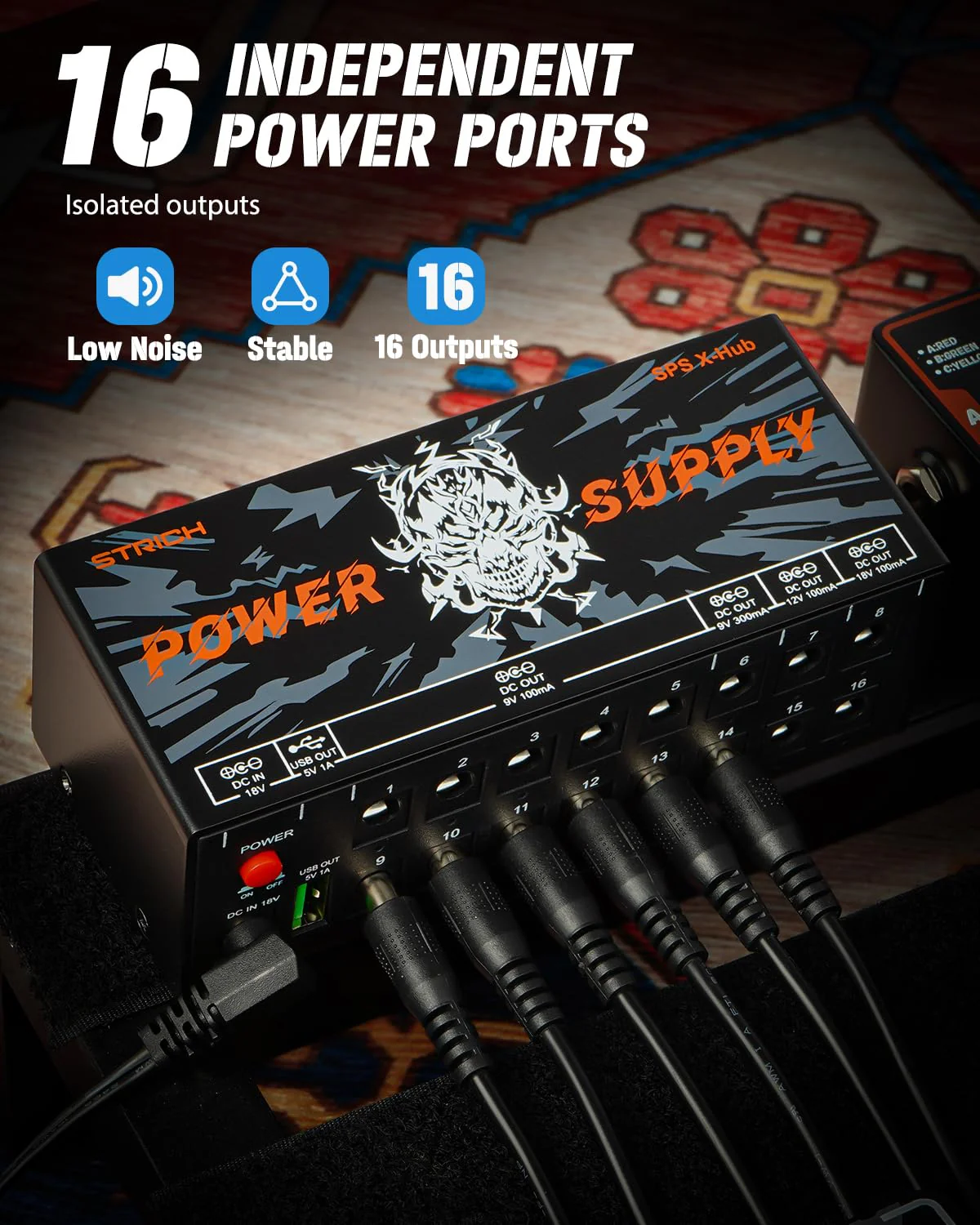 STRICH SPS X-Hub Guitar Pedal Power Supply for 9V/12V/18V, 100mA - 300mA Effects Pedals, 16 Independent Outputs, Short-circuit protection and noiseless, 5V 1A USB Port Supports Mobile Devices, Tablets - Image 2