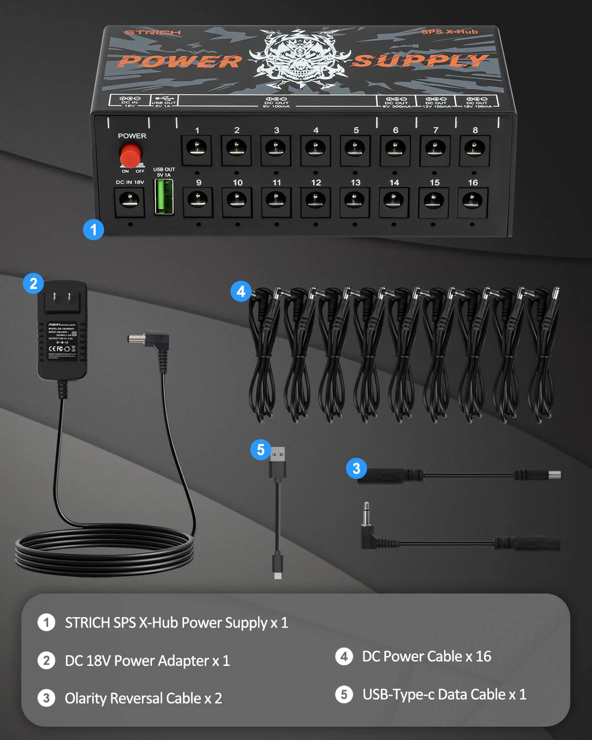 STRICH SPS X-Hub Guitar Pedal Power Supply for 9V/12V/18V, 100mA - 300mA Effects Pedals, 16 Independent Outputs, Short-circuit protection and noiseless, 5V 1A USB Port Supports Mobile Devices, Tablets - Image 6