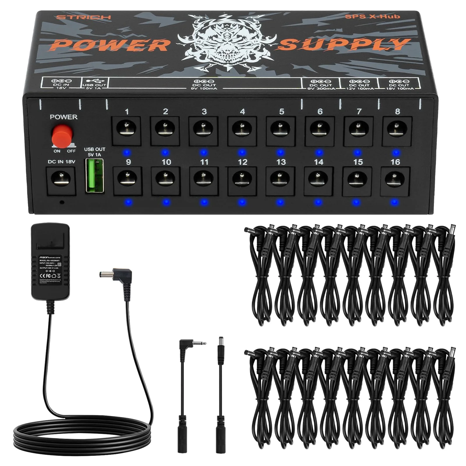 STRICH SPS X-Hub Guitar Pedal Power Supply for 9V/12V/18V, 100mA - 300mA Effects Pedals, 16 Independent Outputs, Short-circuit protection and noiseless, 5V 1A USB Port Supports Mobile Devices, Tablets - Image 9