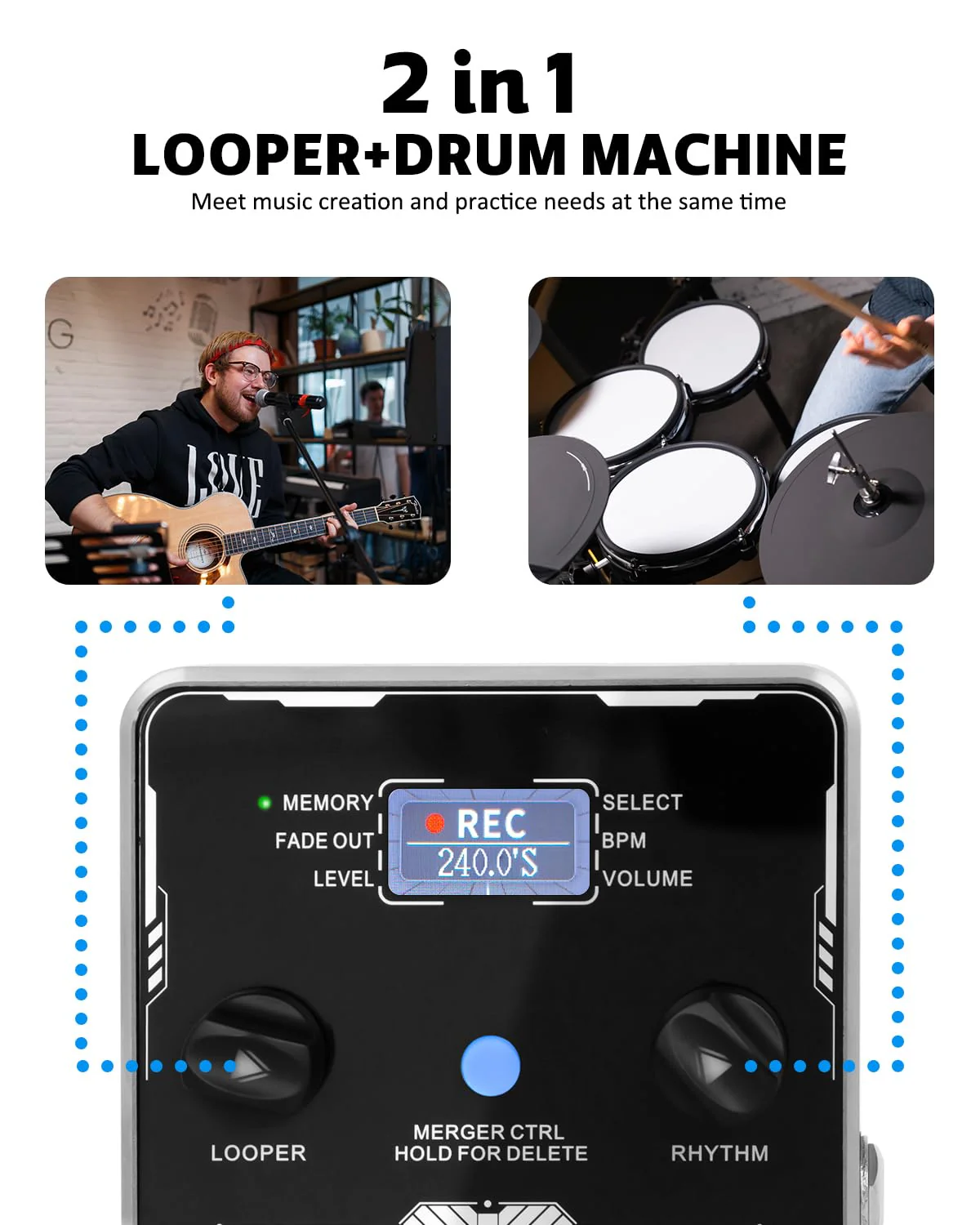 STRICH Stereo Looper Pedal Guitar Pedal with Built-in Drum Machine, 100 Diverse Drum Patterns, 160 Minutes Recording Time, USB for Audio Upload or Download, Support Footswitch Control - Image 2