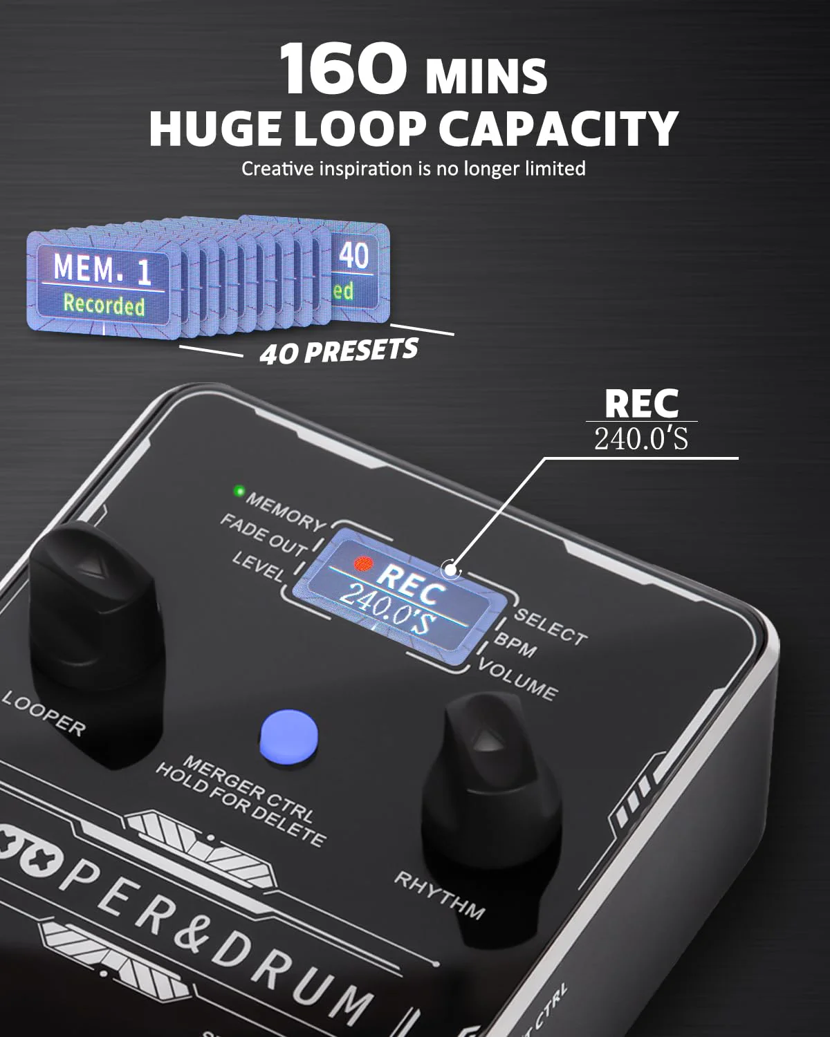 STRICH Stereo Looper Pedal Guitar Pedal with Built-in Drum Machine, 100 Diverse Drum Patterns, 160 Minutes Recording Time, USB for Audio Upload or Download, Support Footswitch Control - Image 3