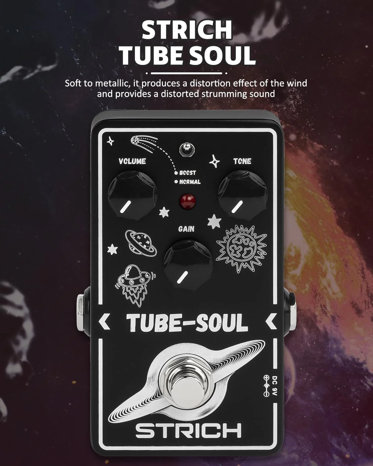 STRICH TUBE SOUL Tube Overdrive Distortion Pedal for Electric Guitar, Compact Mini Single Unit, True Bypass, 3 Control Knobs, Volume, Tone, Gain, Dual Modes, Boost, Normal, 9V DC, Black and White Black and White Overdrive Distortion - Image 2