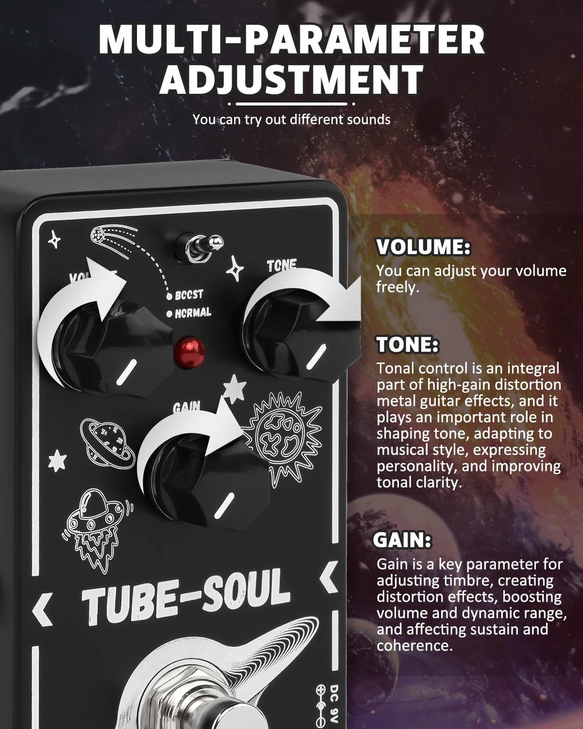 STRICH TUBE SOUL Tube Overdrive Distortion Pedal for Electric Guitar, Compact Mini Single Unit, True Bypass, 3 Control Knobs, Volume, Tone, Gain, Dual Modes, Boost, Normal, 9V DC, Black and White Black and White Overdrive Distortion - Image 4