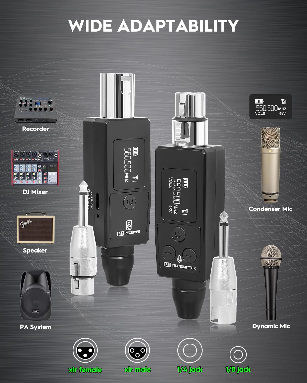 STRICH Wireless Microphone XLR Transmitter and Receiver, UHF Wireless Microphone System Plug-on, Wireless Mic Adapter with 48V Phantom Power for Dynamic Mic, Condenser Mic, Audio Mixer, PA System, M1 - Image 4