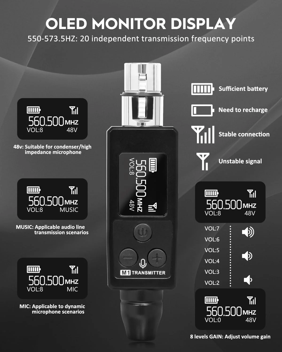 STRICH Wireless Microphone XLR Transmitter and Receiver, UHF Wireless Microphone System Plug-on, Wireless Mic Adapter with 48V Phantom Power for Dynamic Mic, Condenser Mic, Audio Mixer, PA System, M1 - Image 5