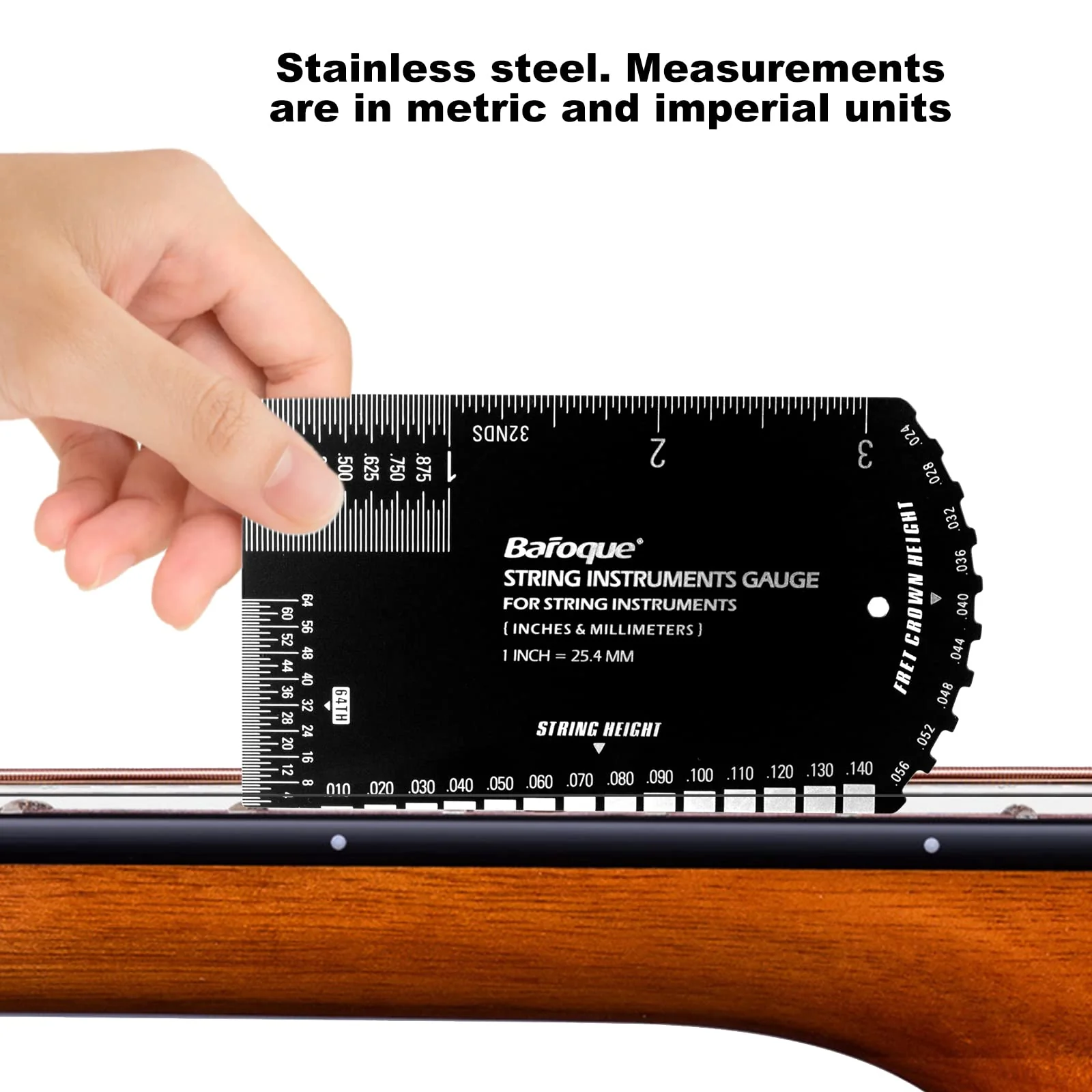 String Action Gauge Ruler, Guitar Set Up Gauge,Multifunctional Guitar Fret Rocker Luthier Tool with Thick Leather Case,Precise Etched, Polished Edge (Inch and Metric) Black - Image 2