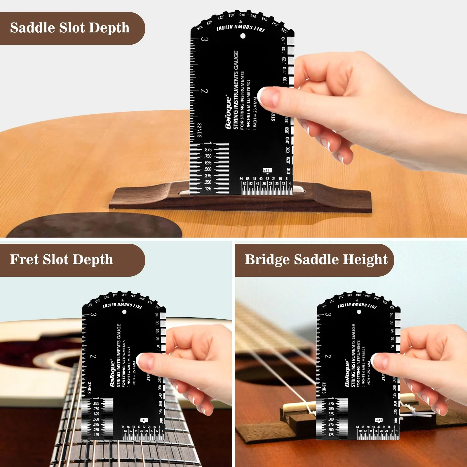 String Action Gauge Ruler, Guitar Set Up Gauge,Multifunctional Guitar Fret Rocker Luthier Tool with Thick Leather Case,Precise Etched, Polished Edge (Inch and Metric) Black - Image 4