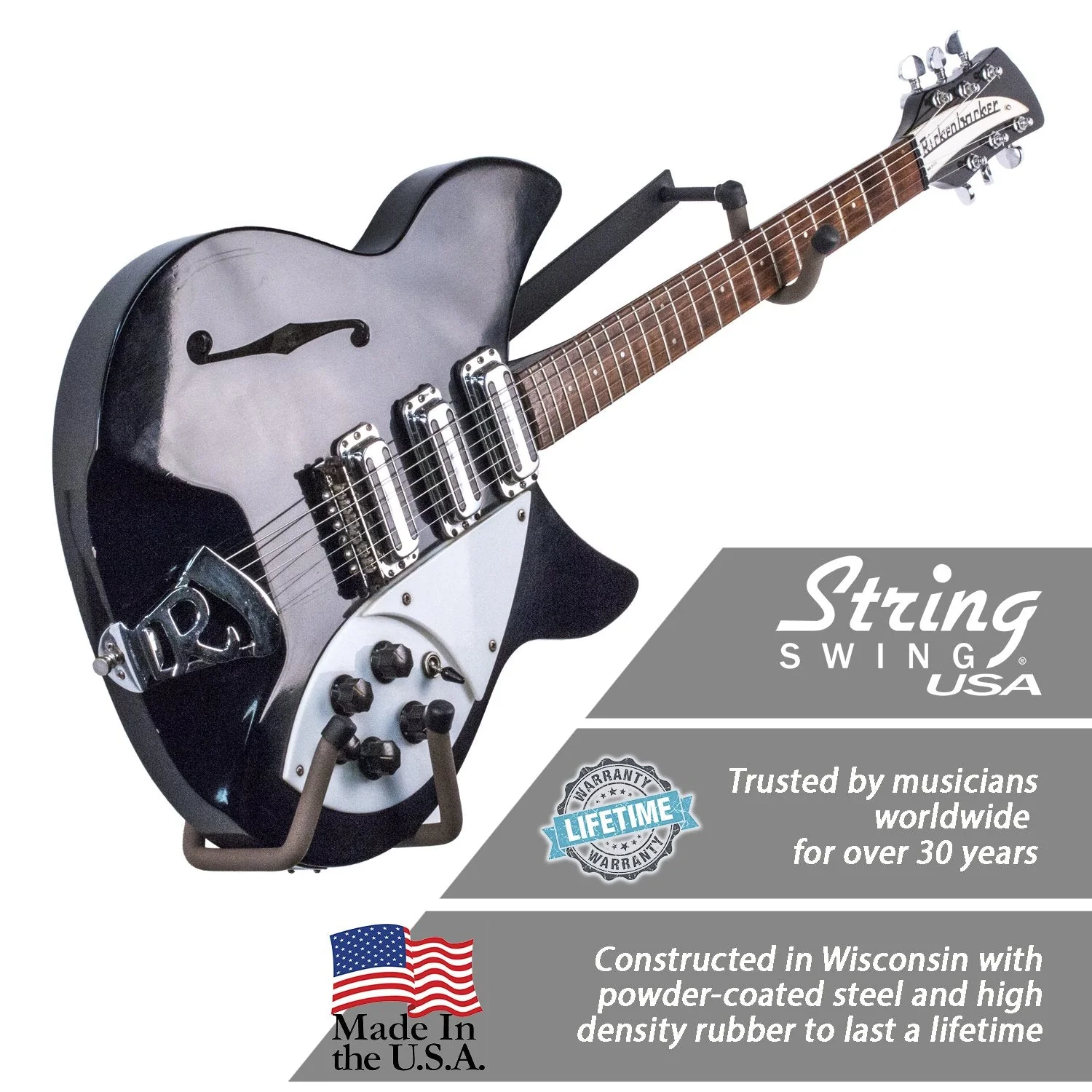 String Swing Horizontal Guitar Holder for Narrow Bodied Instruments For Flat Wall Standard Profile Electric or Narrow Body - Image 2