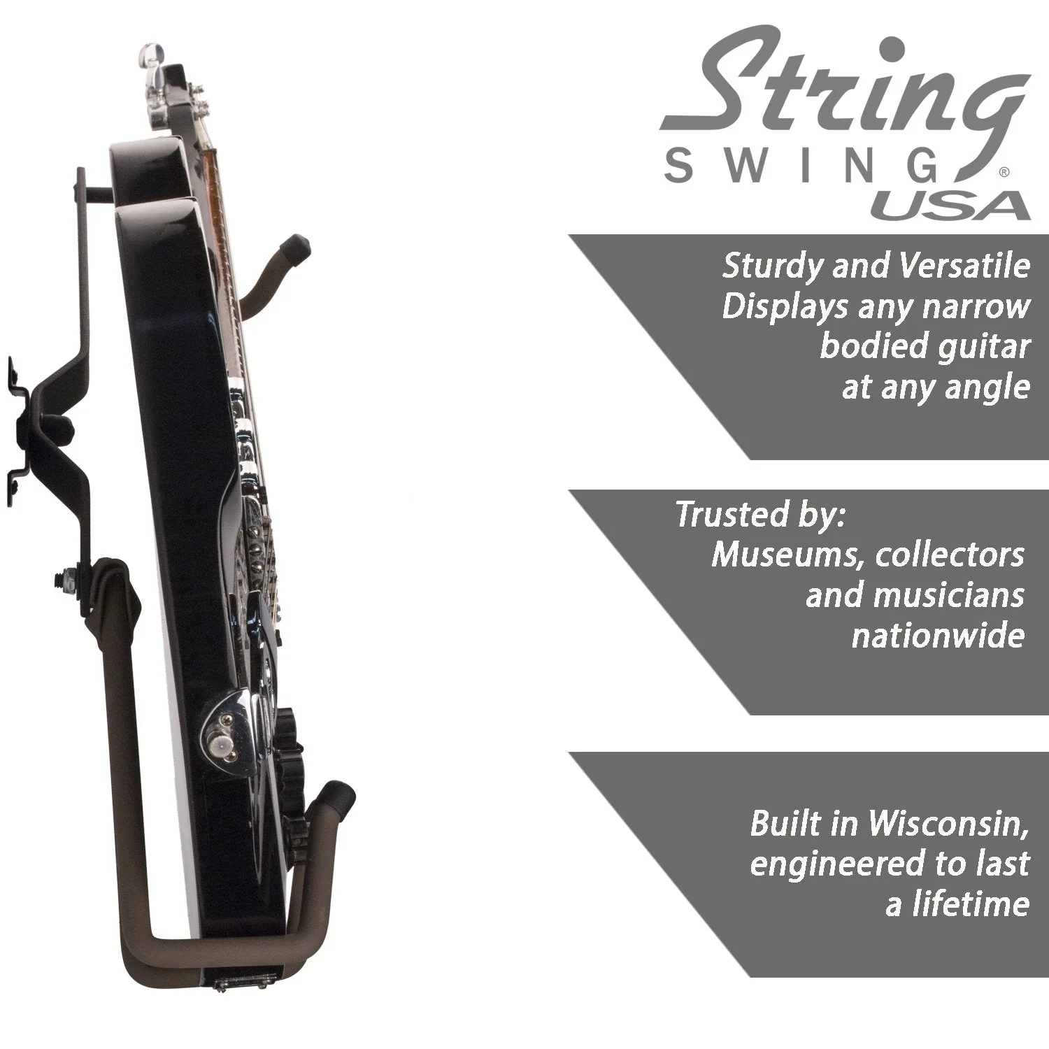 String Swing Horizontal Guitar Holder for Narrow Bodied Instruments For Flat Wall Standard Profile Electric or Narrow Body - Image 5