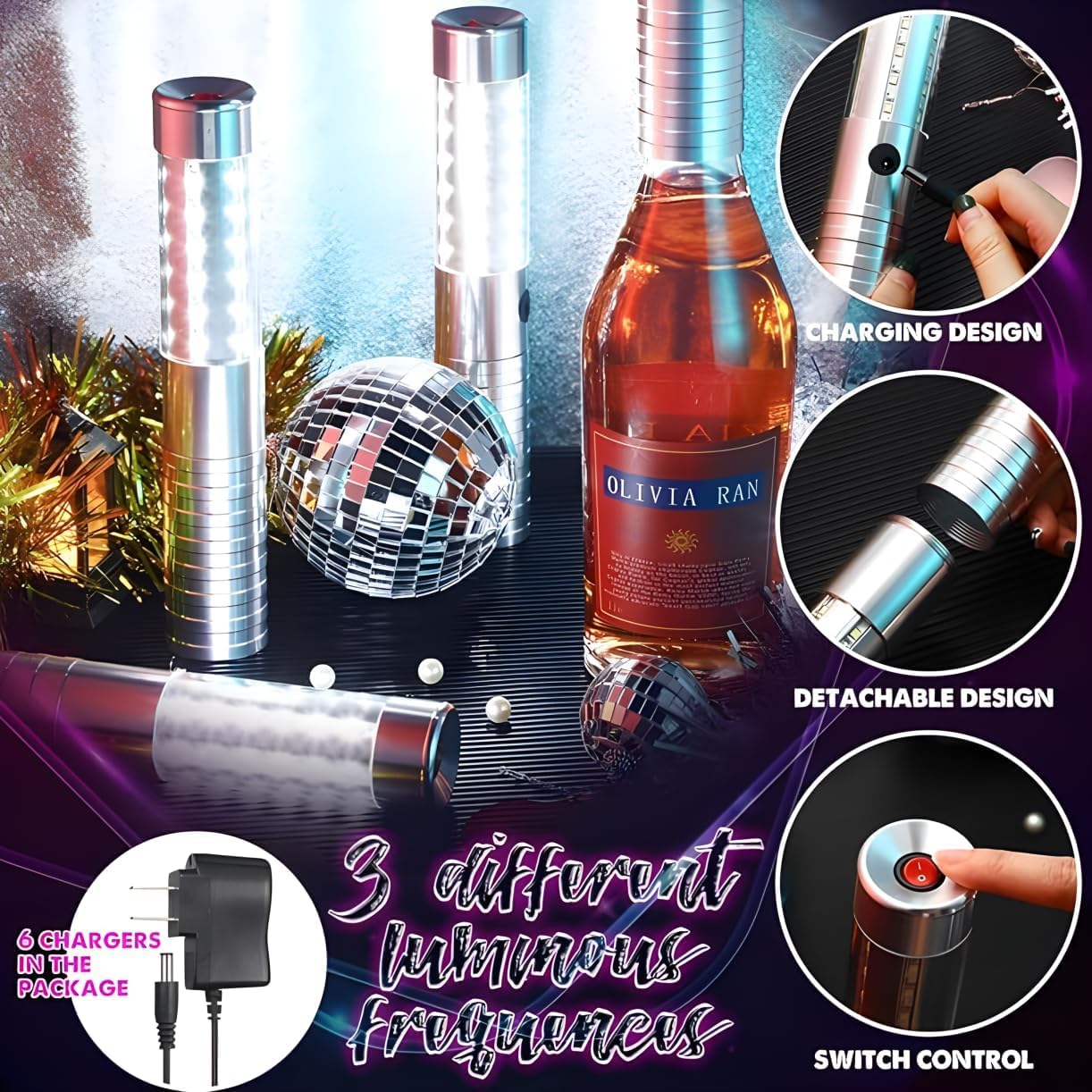 Strobe Baton Light,Stage Handheld Light,Champagne Bottle Sparklers, Recharge led Bottle Service Lights - for Bar Club Birthday Weddings Parties (Sliver 4 PC) - Image 5