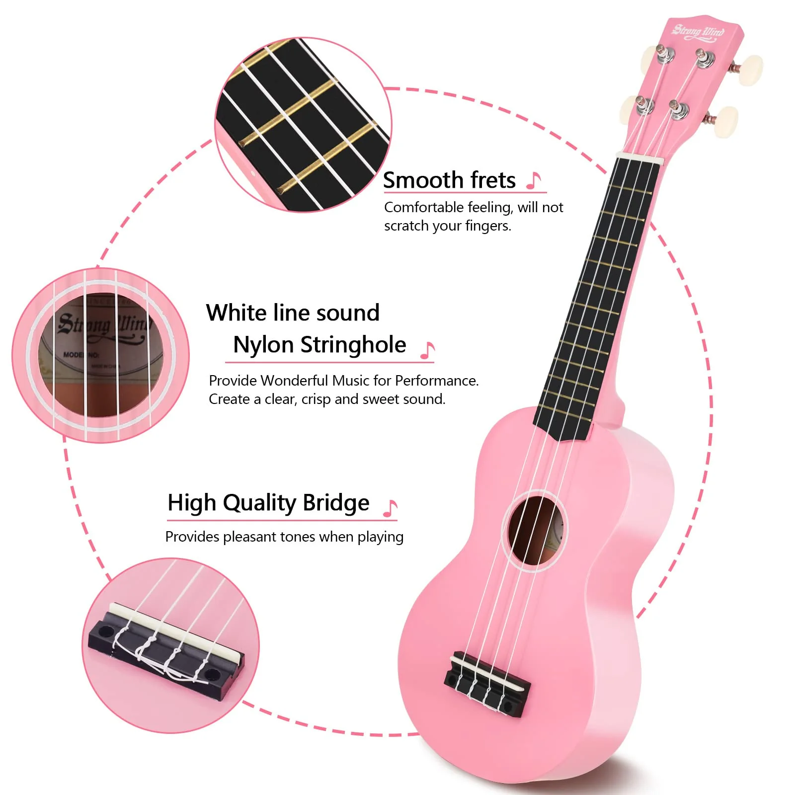 Strong Wind Soprano Ukulele 21 Inch Basswood Ukeleles for Beginners Four Strings Hawaiian Guitar Ukulele for Adults Teenagers Pink - Image 4