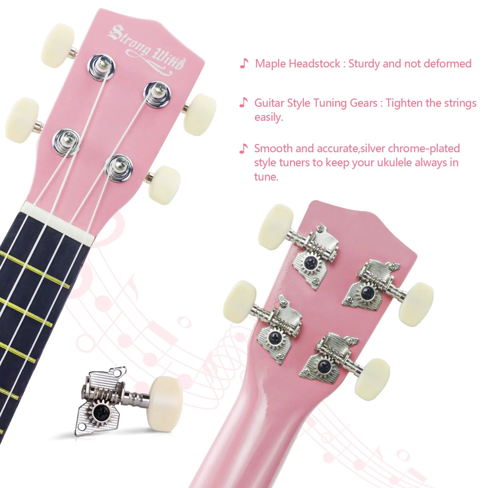 Strong Wind Soprano Ukulele 21 Inch Basswood Ukeleles for Beginners Four Strings Hawaiian Guitar Ukulele for Adults Teenagers Pink - Image 5