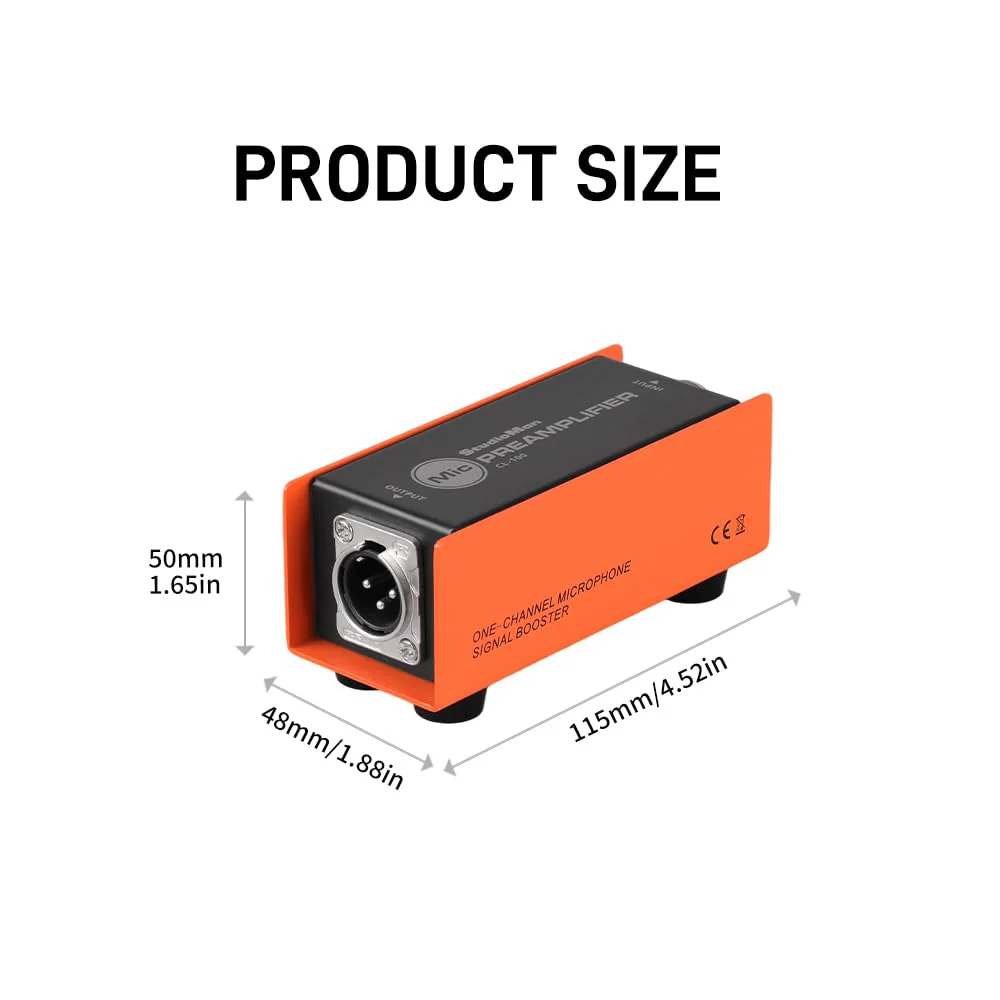 StudioMan CL-100 XLR Preamp for Dynamic Microphones,25dB Gain, Low-Noise Amplifier,Compact Metal Housing, XLR I/O,Orange/Black, Phantom Power Compatible - Image 7
