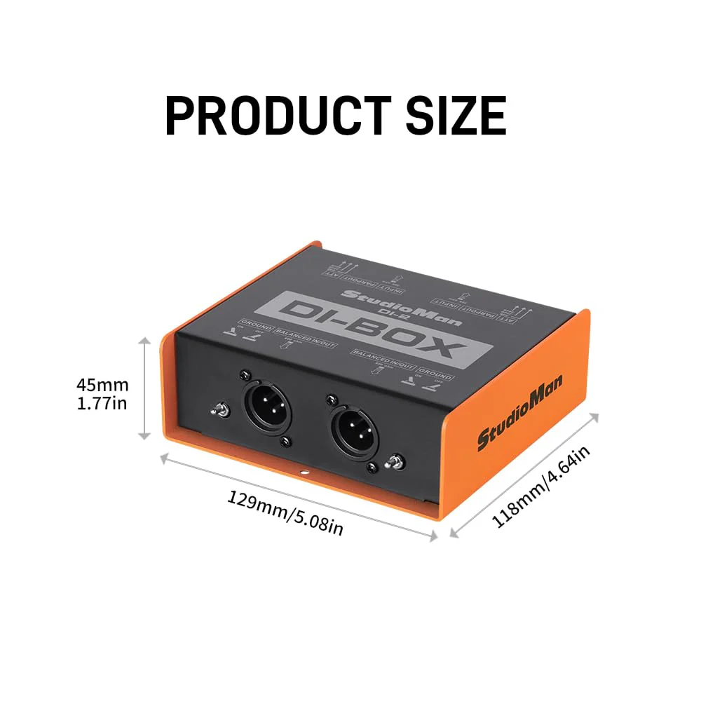 StudioMan DI-2 Dual Channel Passive DI Box, 2-Channel Balanced XLR/TRS, Ground Switch per Channel, 50KΩ Input Impedance, Orange/Black for Live/Studio - Image 4
