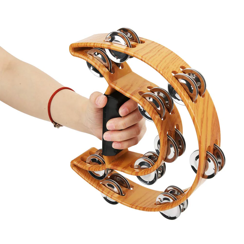 Sturdy Wooden-Style Tambourine with Double Row Jingles & Comfort Grip - Percussion Instrument - Image 3