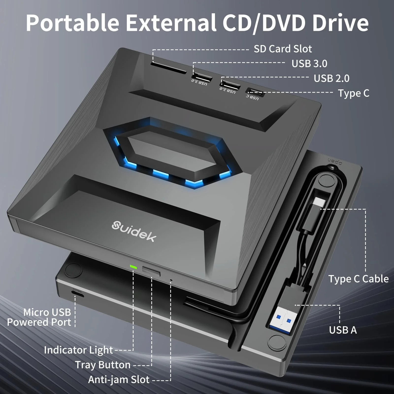 SUIDEK External CD DVD Drive for Laptop, USB C Portable CD/DVD +/-RW Burner DVD Player with SD Card Reader USB 3.0 Type C Hub Compatible with Laptop PC Windows Linux Space Black - Image 2