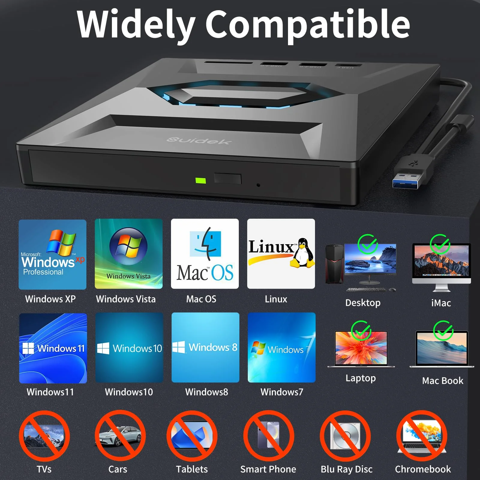 SUIDEK External CD DVD Drive for Laptop, USB C Portable CD/DVD +/-RW Burner DVD Player with SD Card Reader USB 3.0 Type C Hub Compatible with Laptop PC Windows Linux Space Black - Image 3