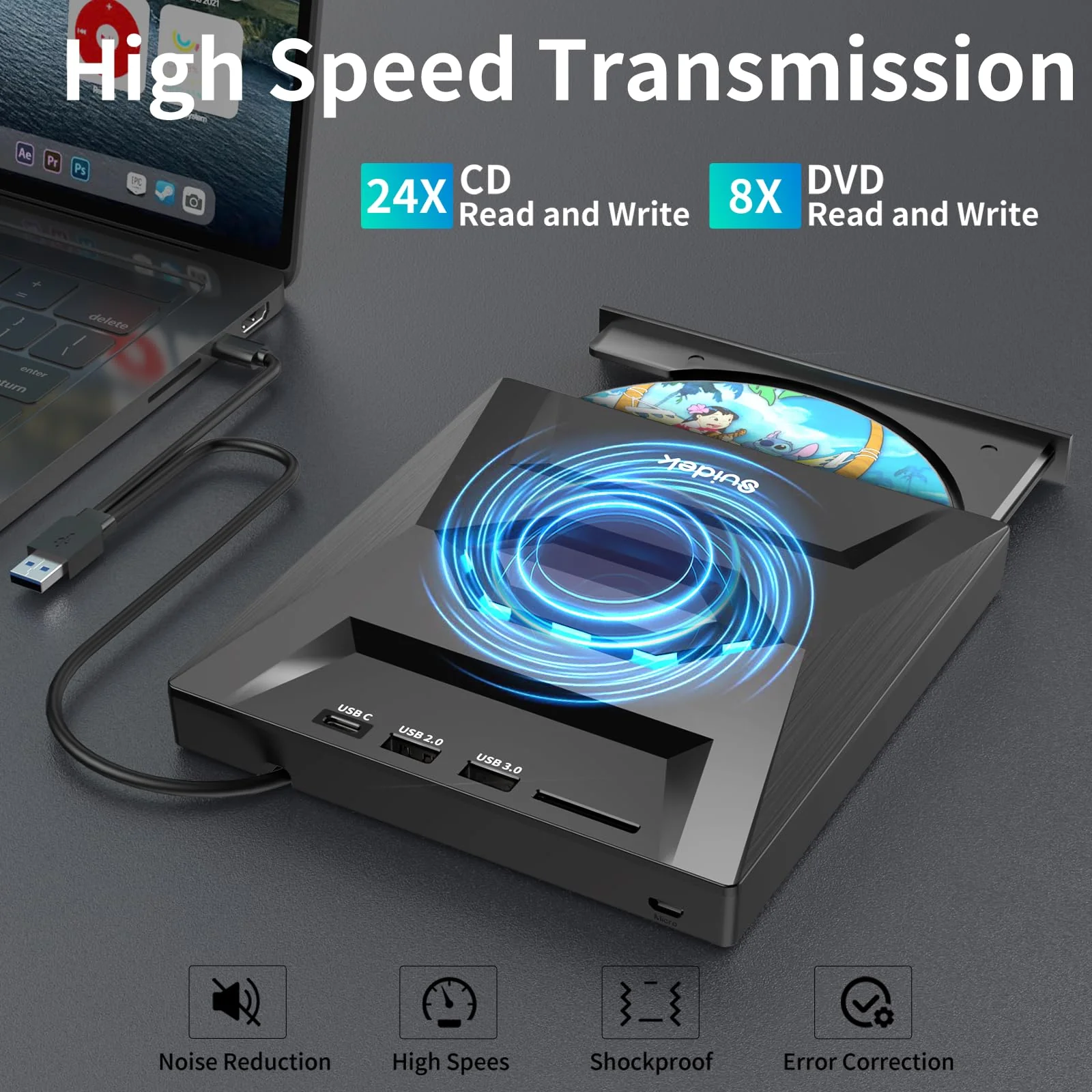 SUIDEK External CD DVD Drive for Laptop, USB C Portable CD/DVD +/-RW Burner DVD Player with SD Card Reader USB 3.0 Type C Hub Compatible with Laptop PC Windows Linux Space Black - Image 4